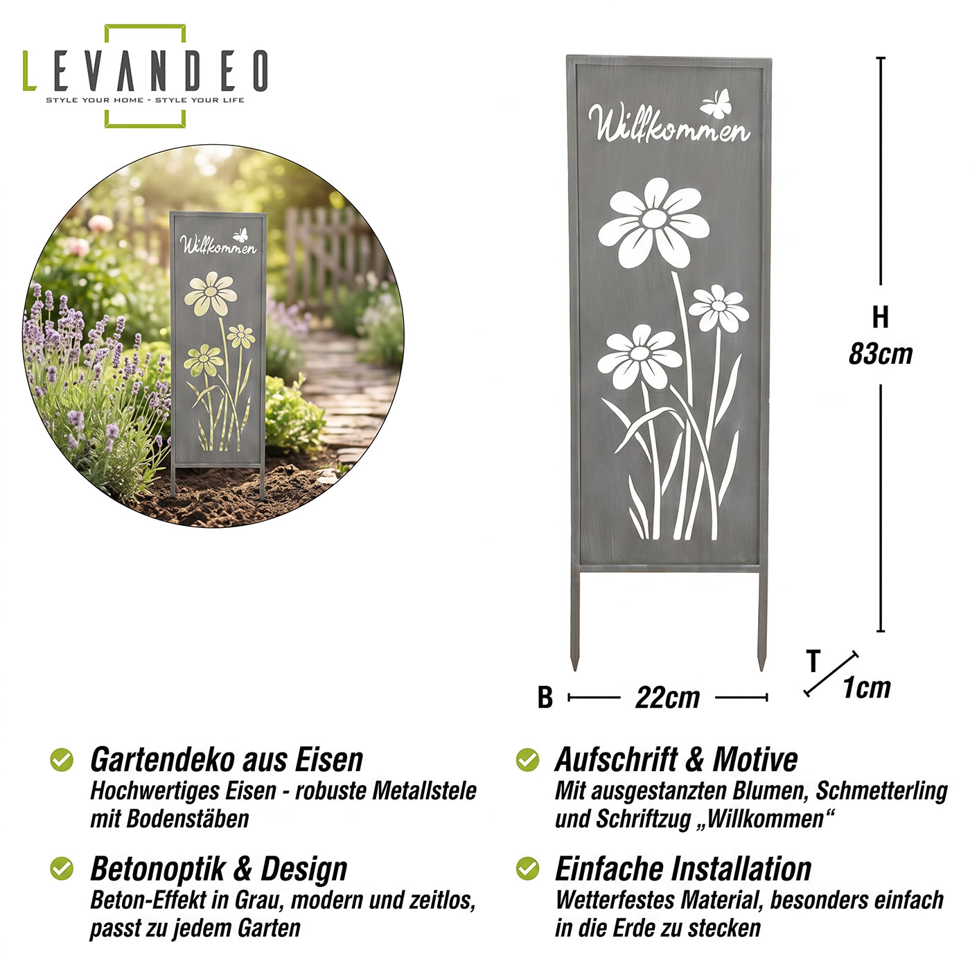 Gartenstecker Willkommen H83cm Stele Grau Betonoptik Garten-Deko Gartenschild