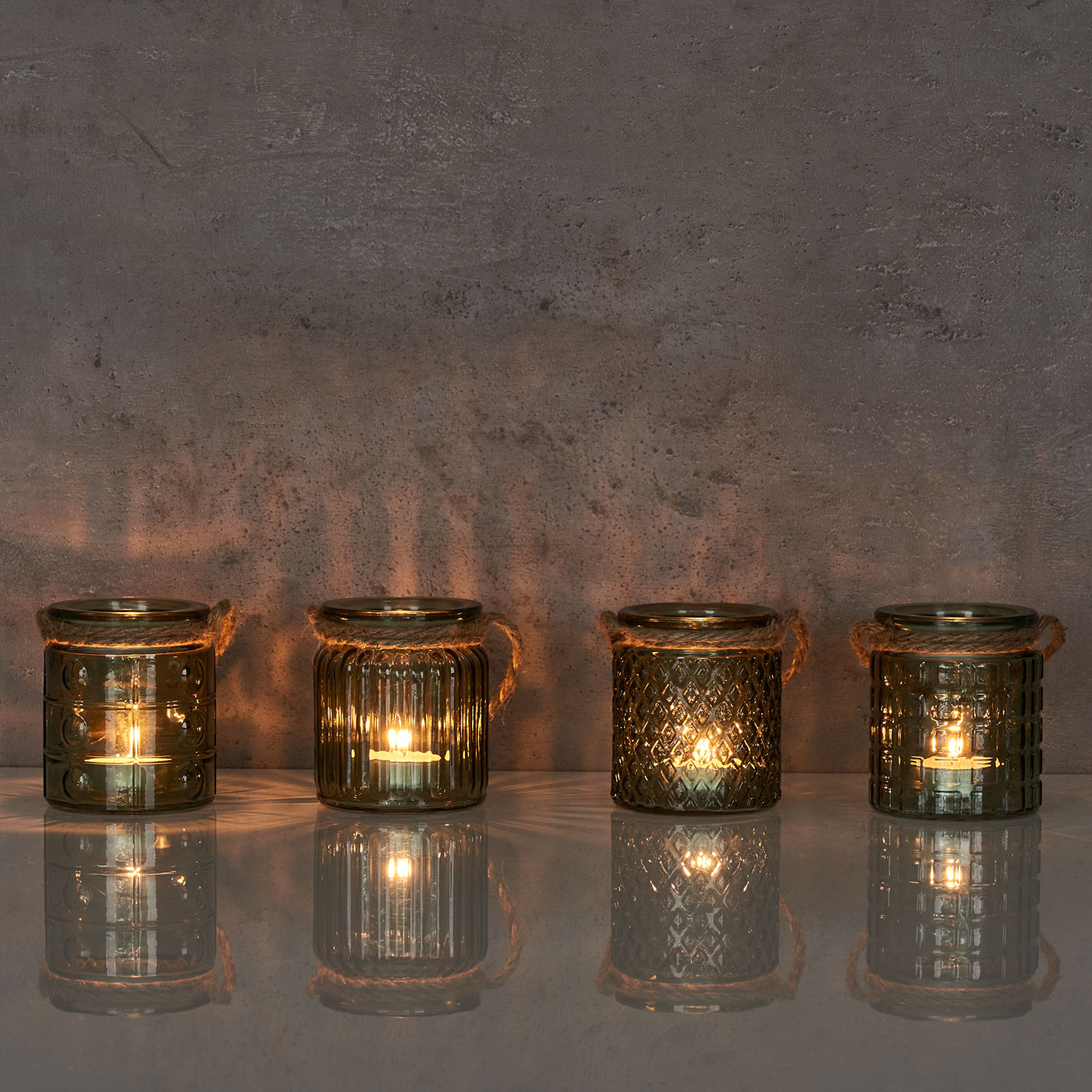 4er Set Windlicht H10cm Glas Grün Khaki Teelichthalter Tischdeko Kerzen Deko