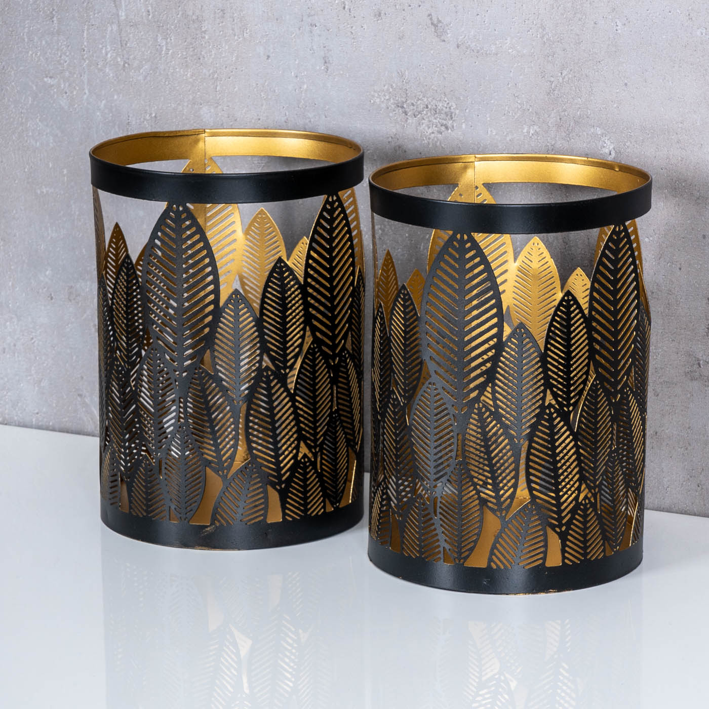 2er Set Windlicht 13x18cm Schwarz Gold Metall Teelichthalter Blattdekor Tischdeko