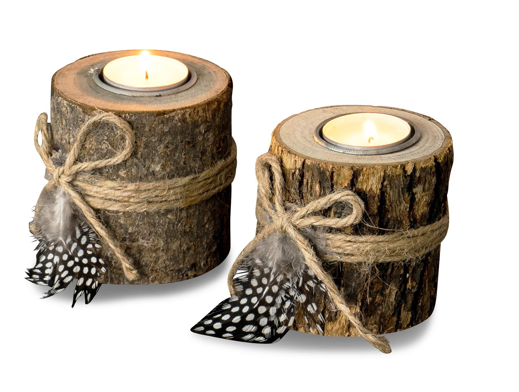 2er Set Teelichthalter Holz je 8,5cm hoch Kerzenhalter Federn Kerzenständer