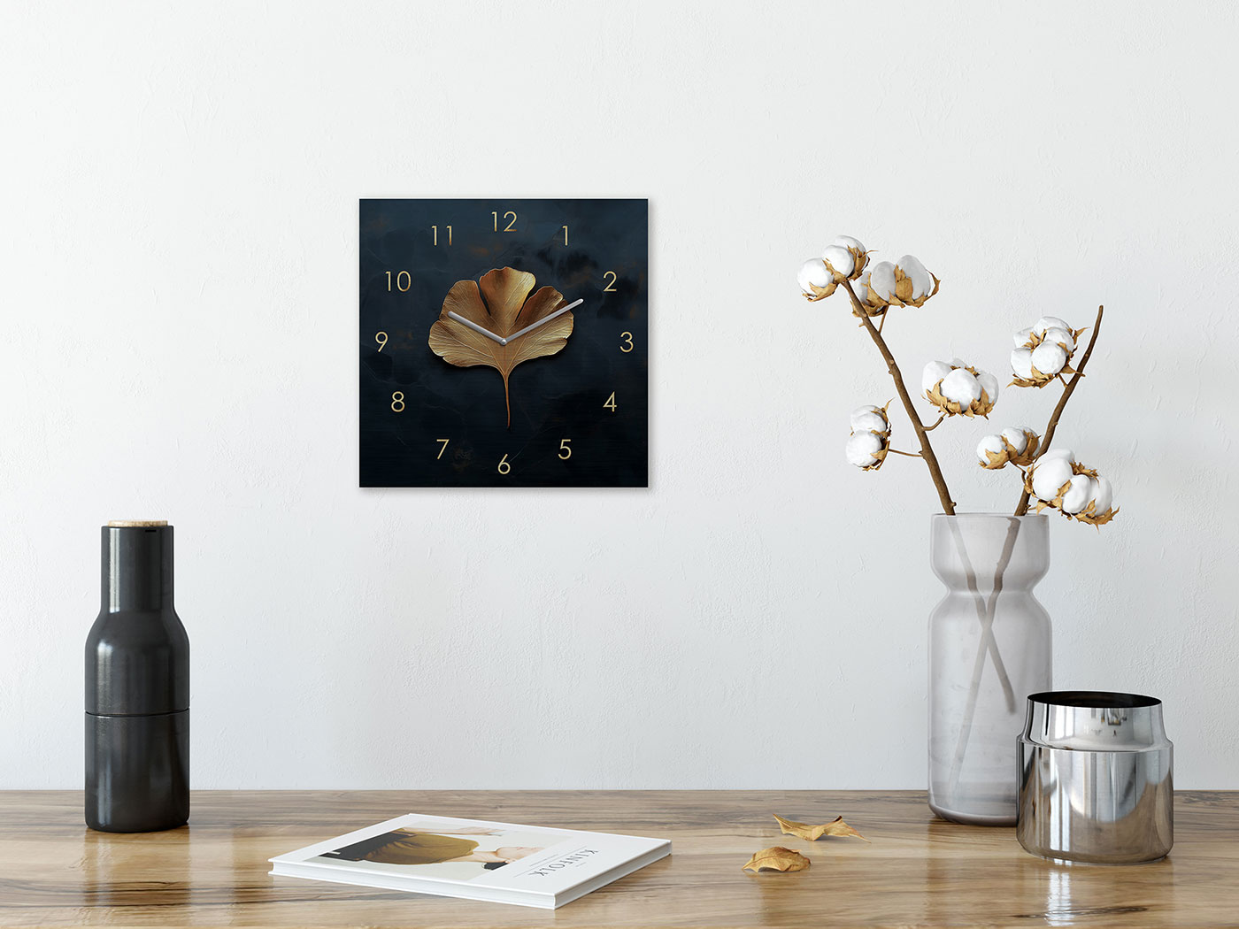 Wanduhr Metall 20x20cm Schwarz Gold Wanddeko Ginkgo Blatt Edel Design Metalluhr
