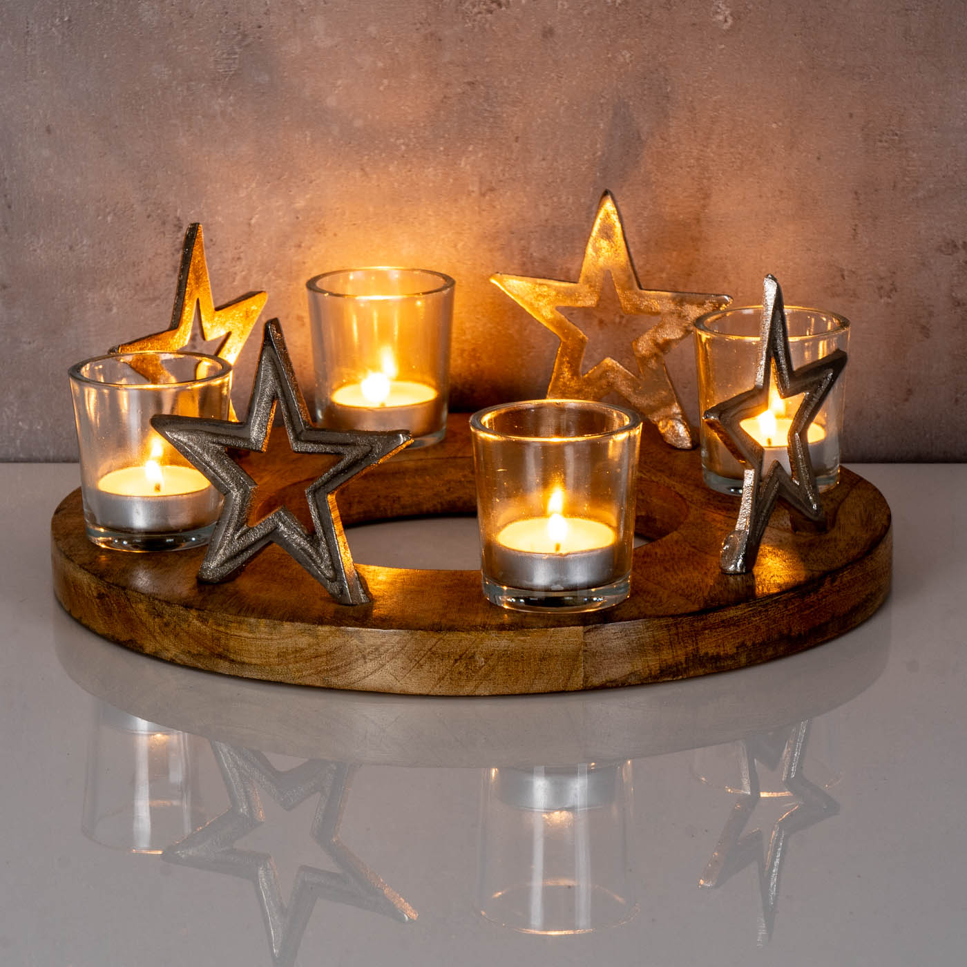 Adventskranz ø30cm Mango Holz Silber Natur Kerzenhalter Sterne Weihnachten Deko