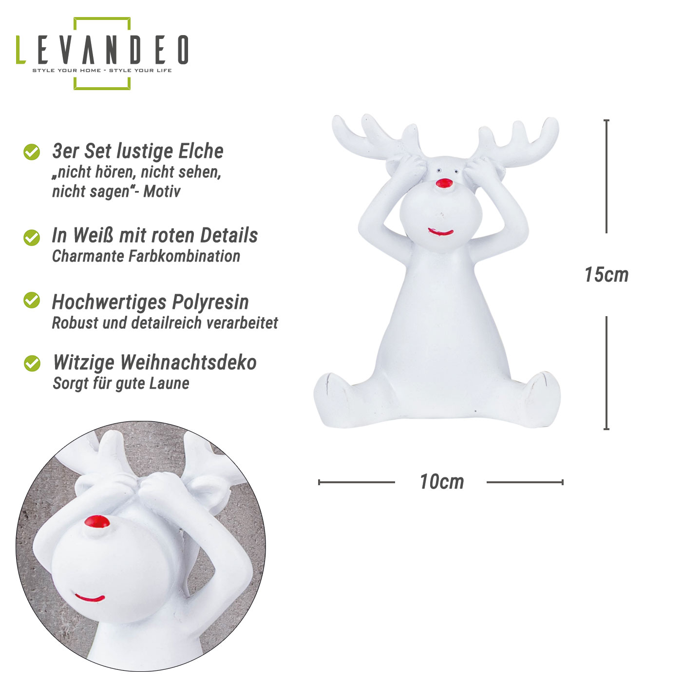 3er Set Rentiere Weiß Hirsche Deko Figur Tischdeko Weihnachtsdeko Aufsteller