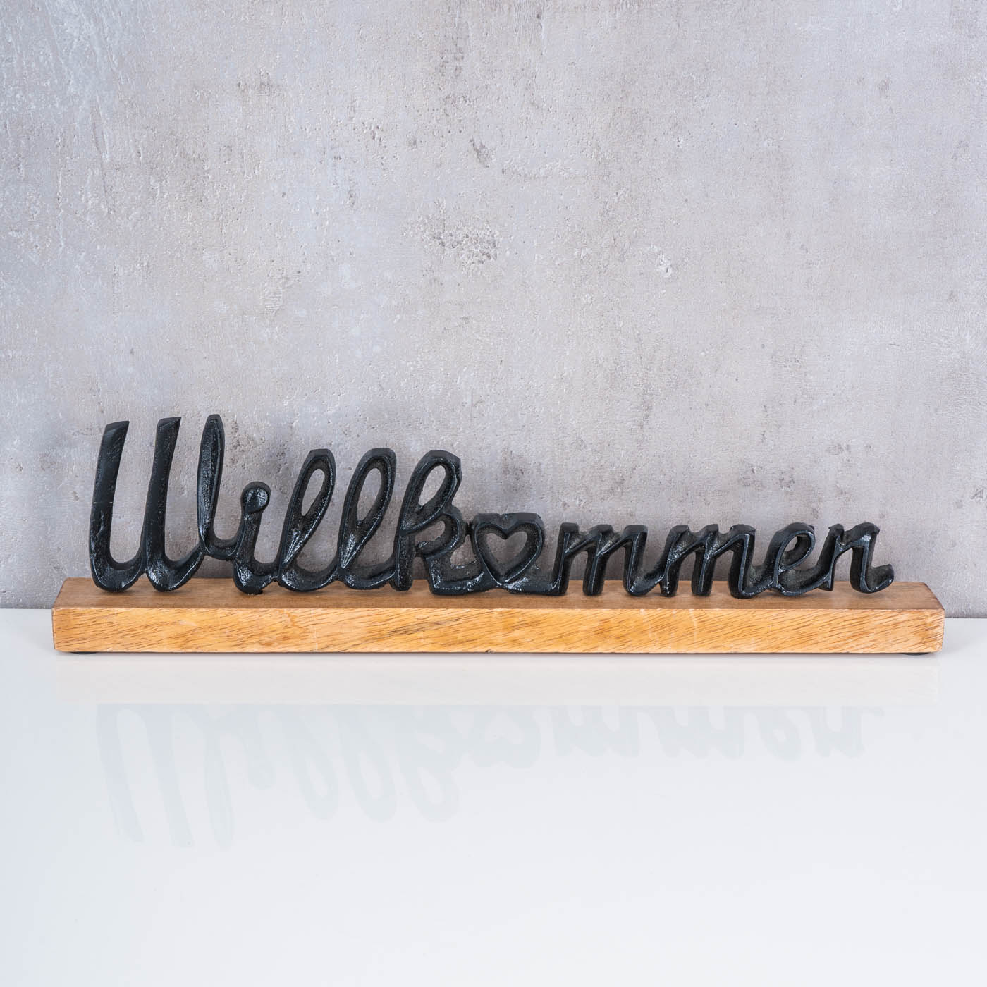 Schriftzug Willkommen L45cm Metall Schwarz Mango Holz Tischdeko Deko Aufsteller