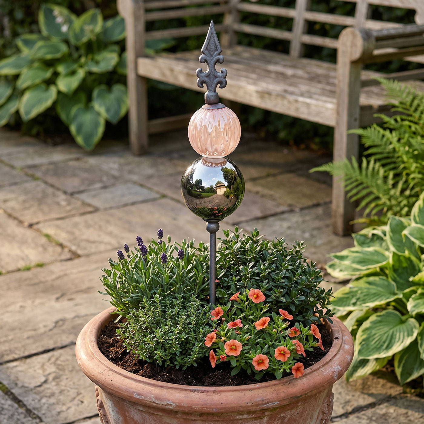 Gartenstecker Lilie Metall Stab 120cm Keramik Rosa Silber Beetstecker Gartendeko