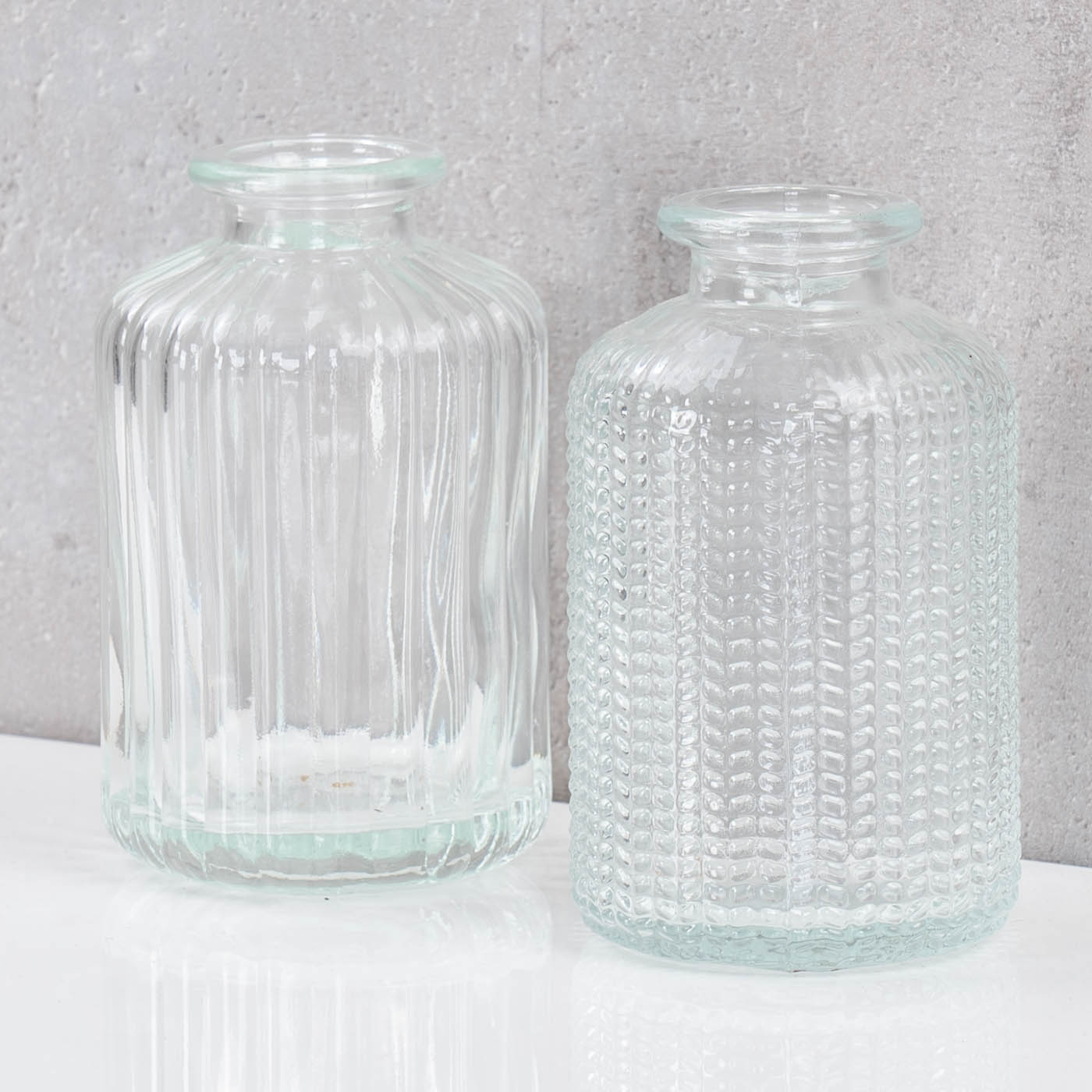 2er Set Glas Vasen 10cm Transparent Retro Muster Deko Blumenvasen Vintage Deko