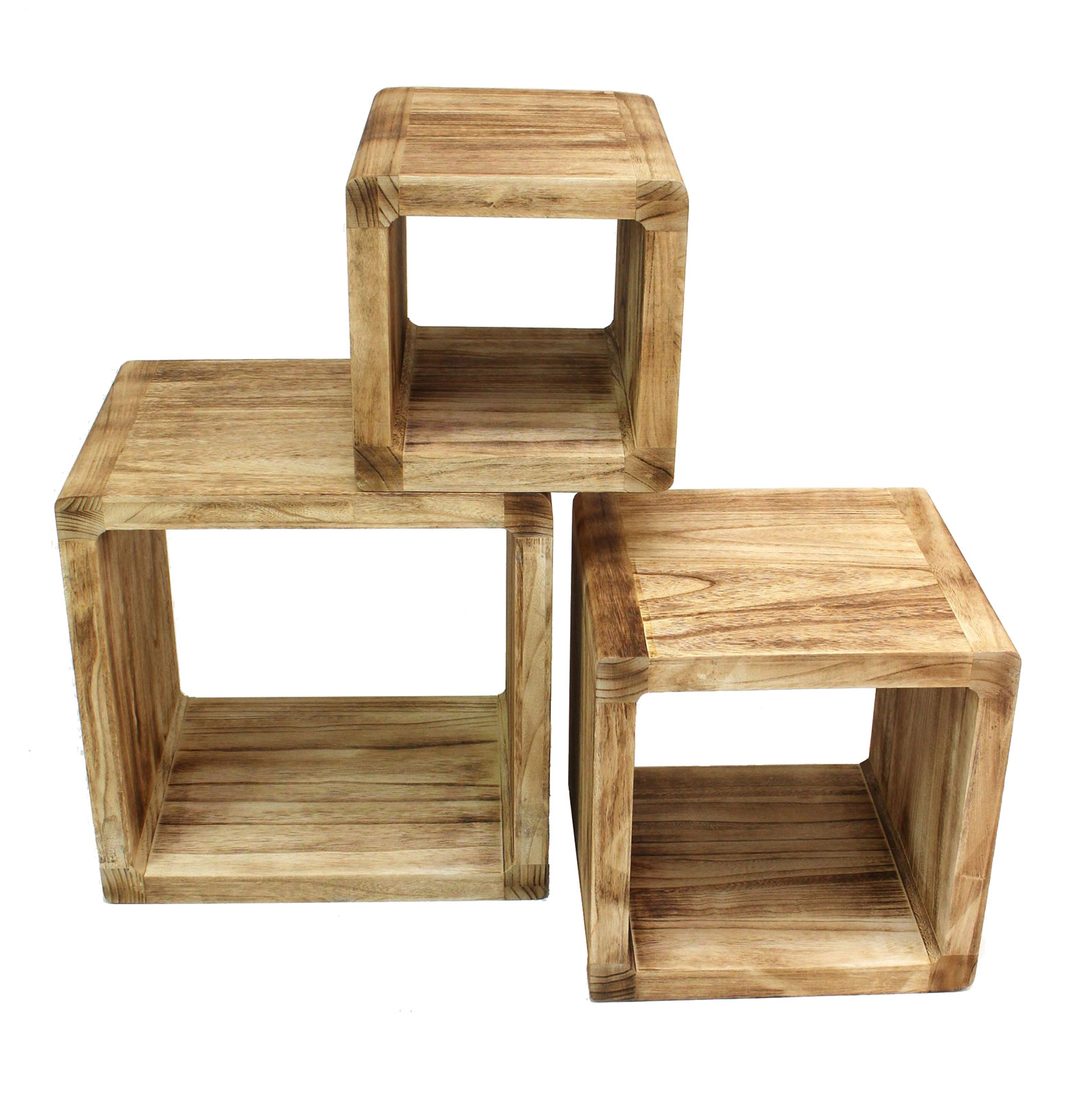 3er Set Regal-Cube 44x35cm Holzregal Holz Board Used-Design Würfelregal Natur