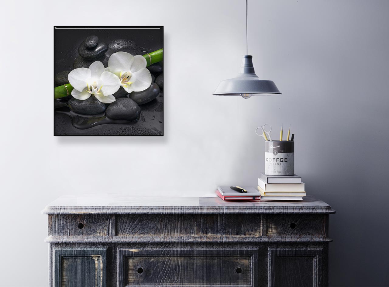 Glasbild 3er Set je 30x30cm Wandbild Glas Orchideen Bambus Steine Deko Wanddeko