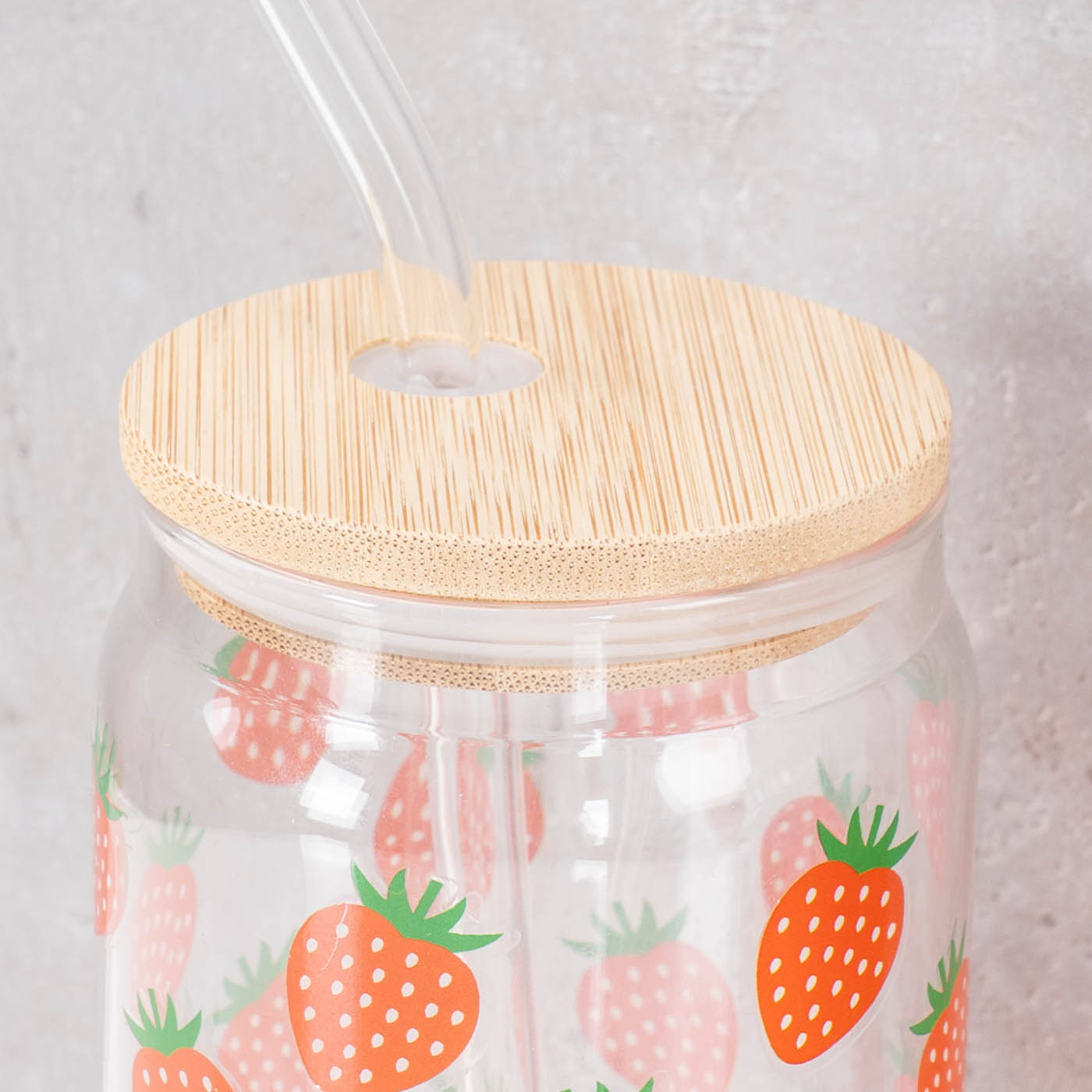 2er Set Trinkglas 500ml Erdbeere Glas-Strohhalm Bambusdeckel Trinkbecher Sommer