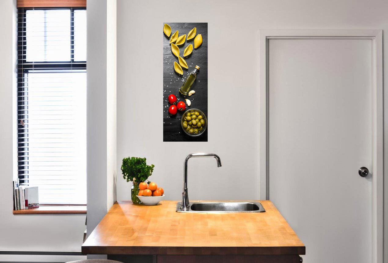 Glasbild 30x80cm Wandbild aus Glas Küche Pasta Nudeln Oliven Italien