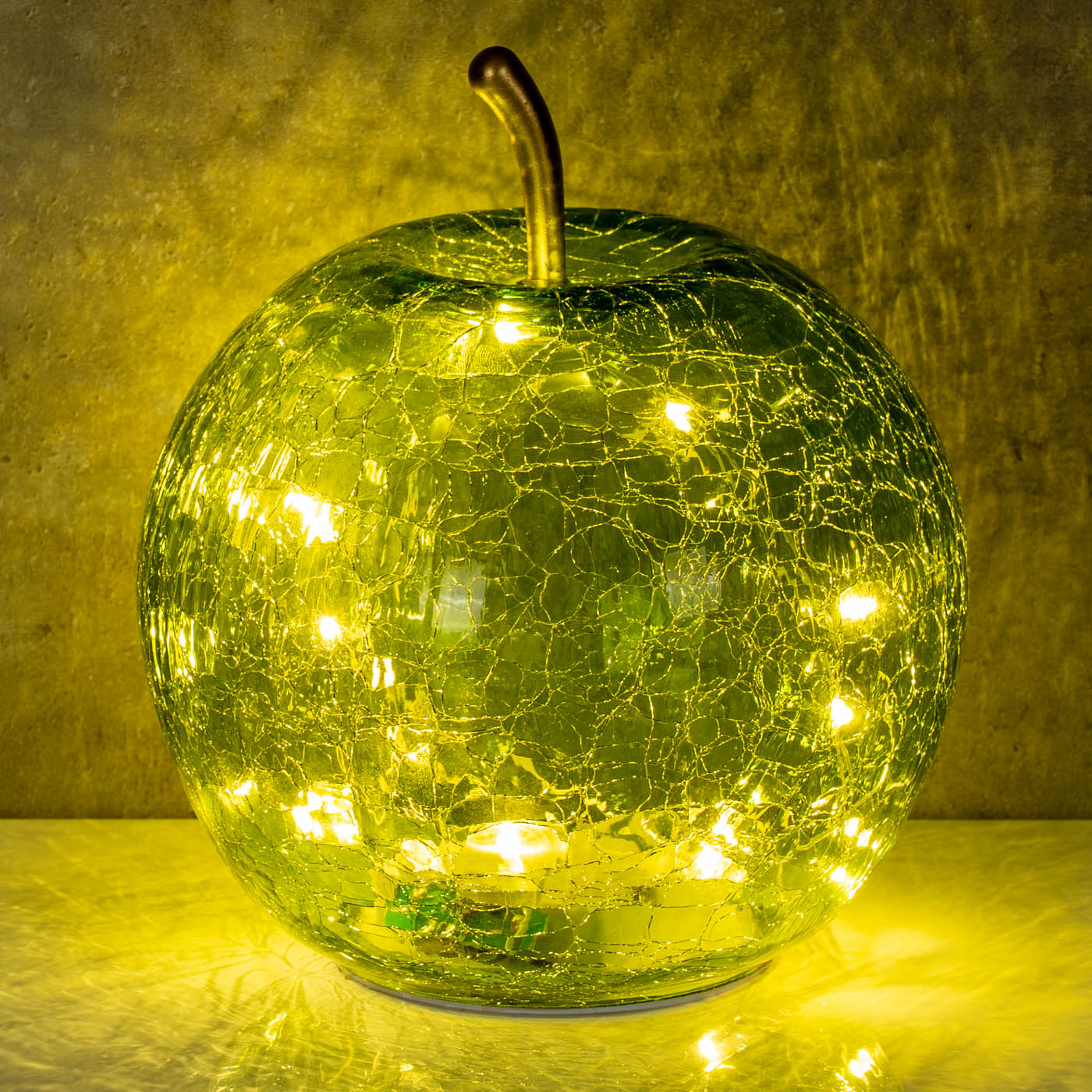 LED Apfel H17cm Grün Glas Dekolampe Timer Tischlampe Stimmungslicht Dekoleuchte