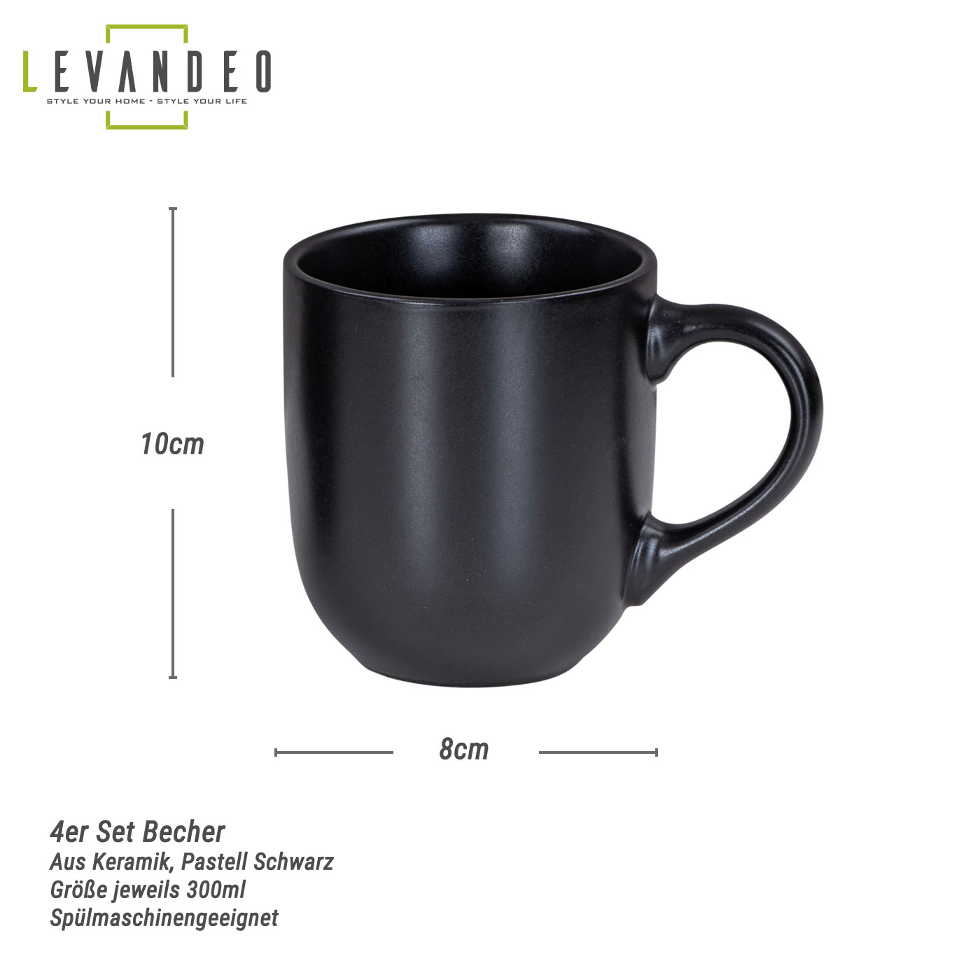 4er Set Steingut Tassen 300ml Schwarz Kaffeetasse Kaffeebecher Edel Design