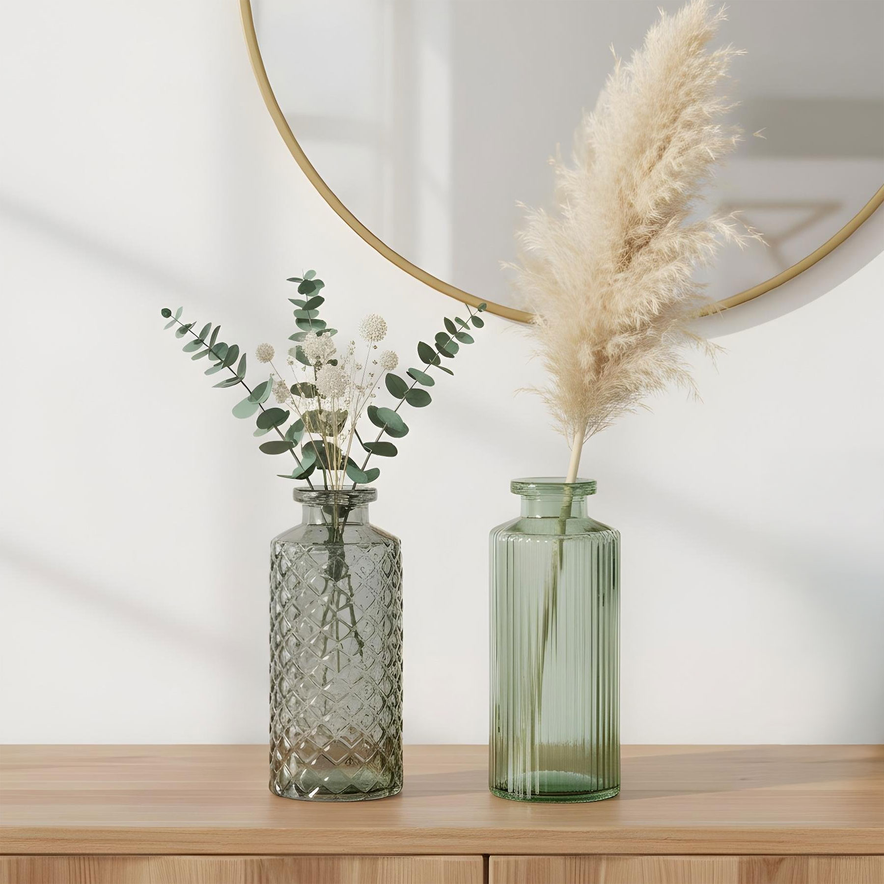 2er Set Vase H14cm Grün Glas Blumenvase Tischdeko Frühling Blumendeko Glasvase