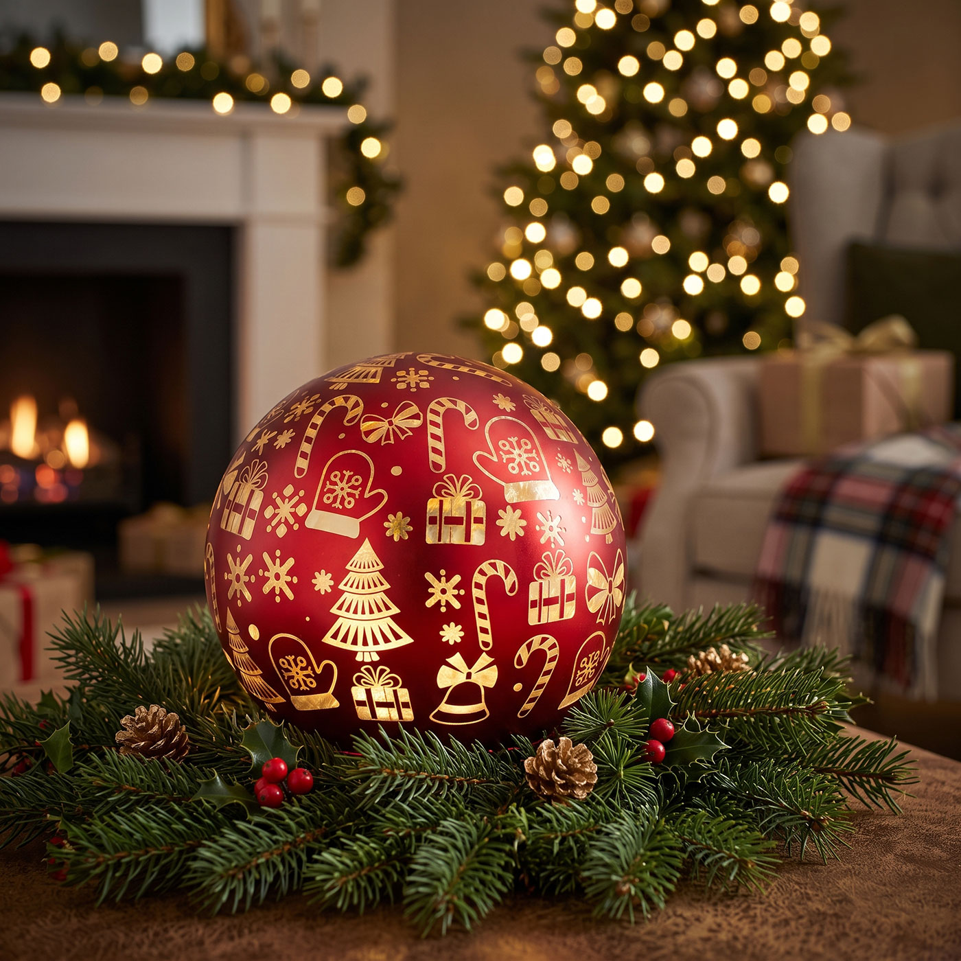 LED Tischleuchte Deko Kugel 12cm Rot Gold Weihnachten Weihnachtskugel Timer