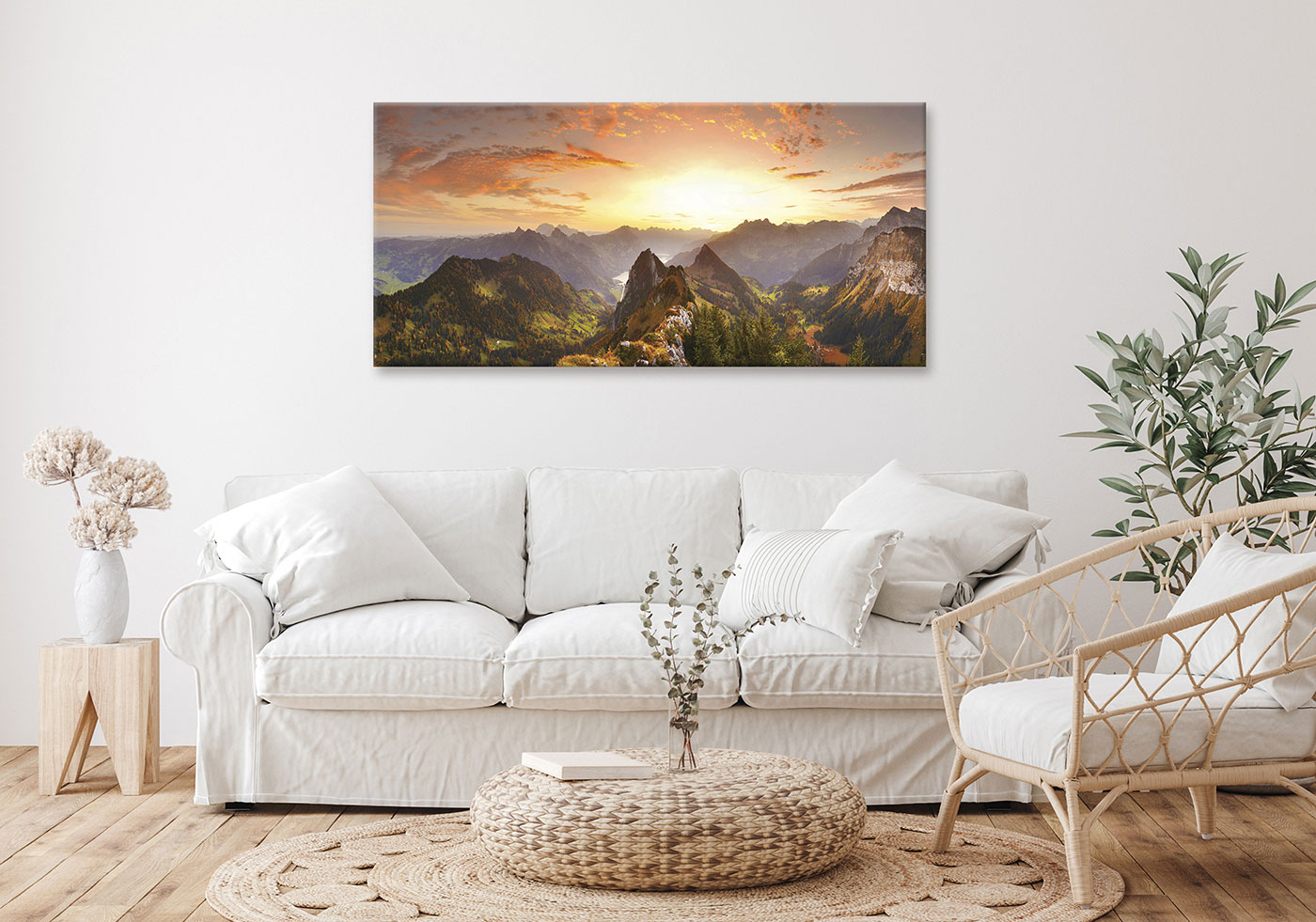 XXL Leinwandbild 115x55cm Berge Sonnenuntergang Bild Kunstdruck Deko Wanddeko
