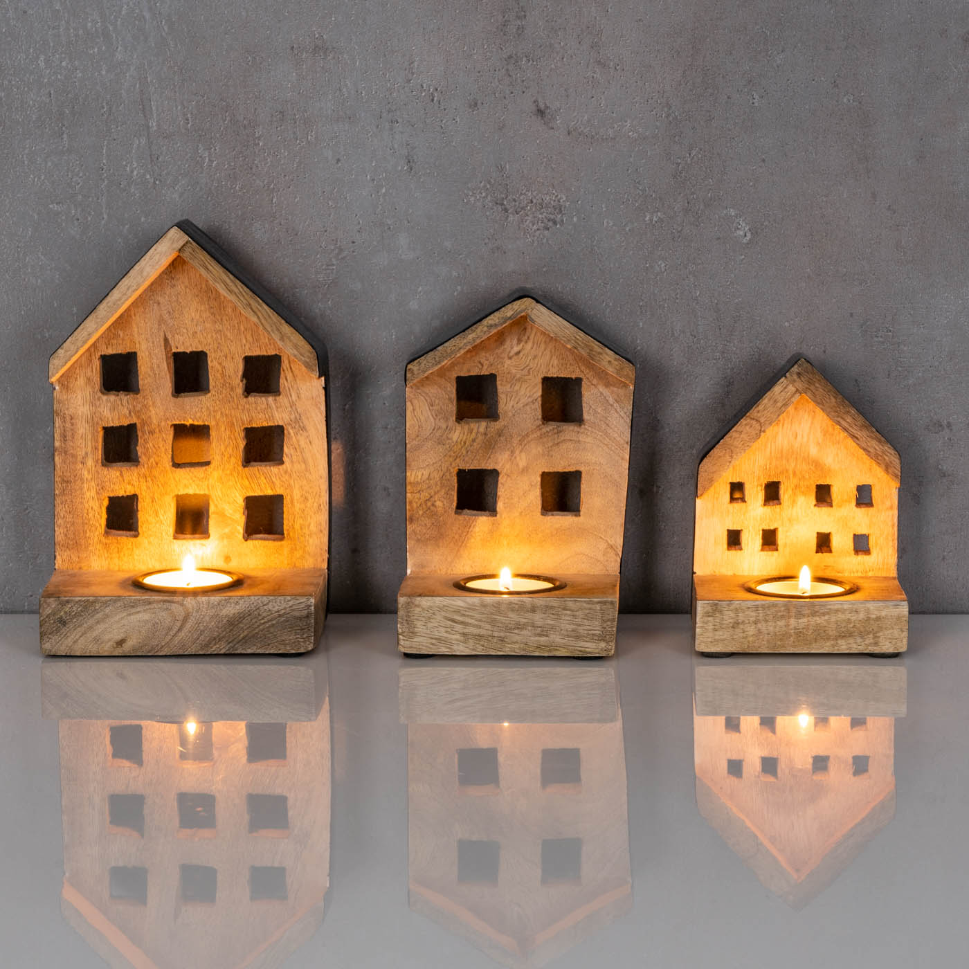 3er Set Teelichthalter H12-19cm Mango Holz Haus Kerzenhalter Braun Schwarz Deko