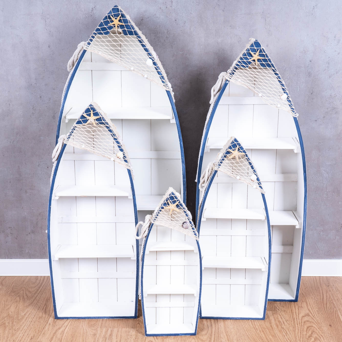 5er Set Regale H48-102cm Boot Holz Maritim Blau Weiß Holzregal Deko Standregal