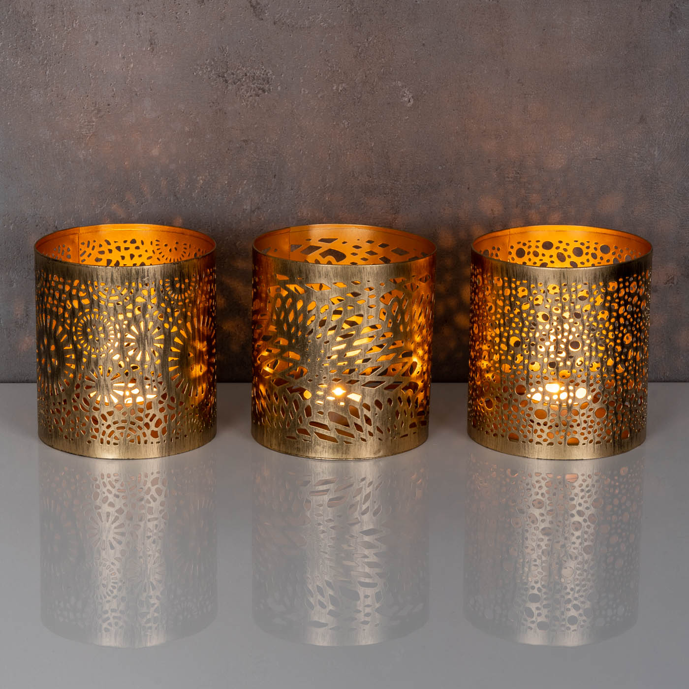 3er Set Windlicht H11cm Gold Metall Teelichthalter Kerze Deko Tischdeko Oriental