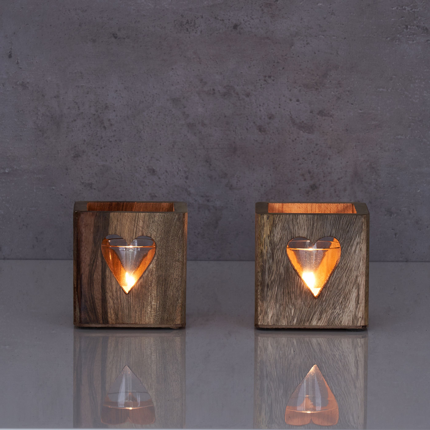 2er Set Windlicht Herz 9cm Mangoholz Teelicht Glas Teelichthalter Kerze Deko