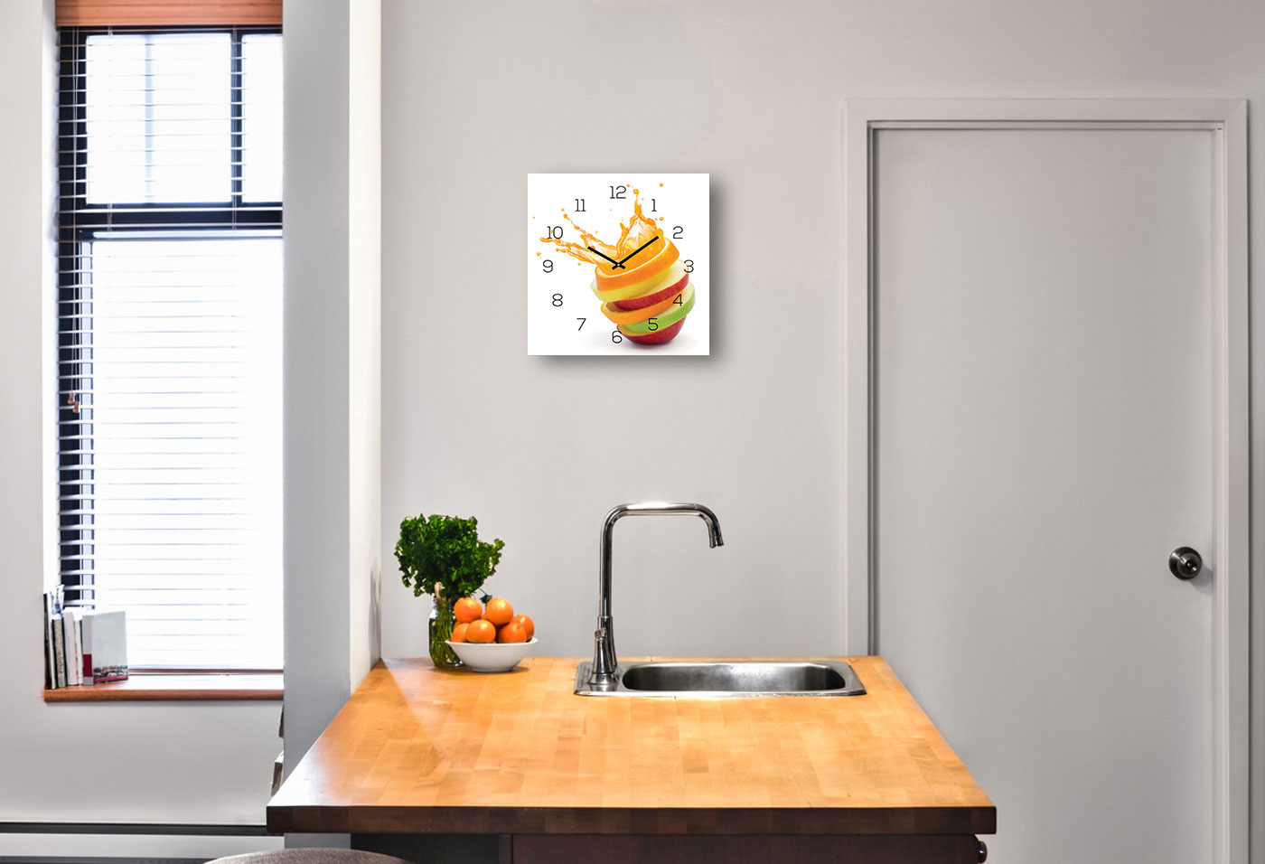 Wanduhr Glas 30x30cm Uhr Glasbild Orange Apfel Wasser Frucht Küche Wanddeko