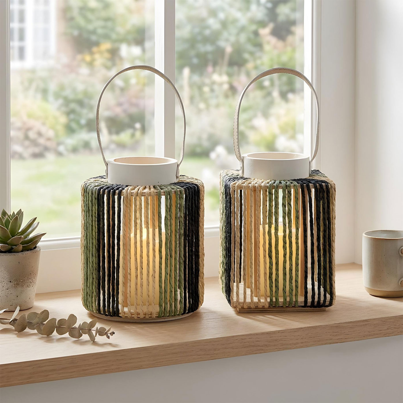 2er Set Laterne LED Kerze H22cm Timer Schwarz Grün Natur Papier MDF Boho Deko