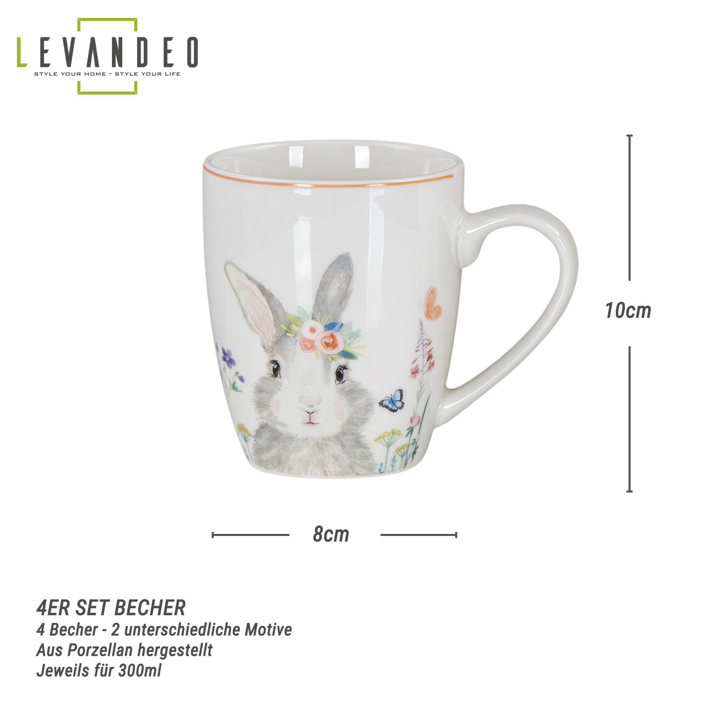 4er Set Osterbecher Osterhase Kaffeetasse Ostern Porzellan 300ml Kaffeepott Tasse