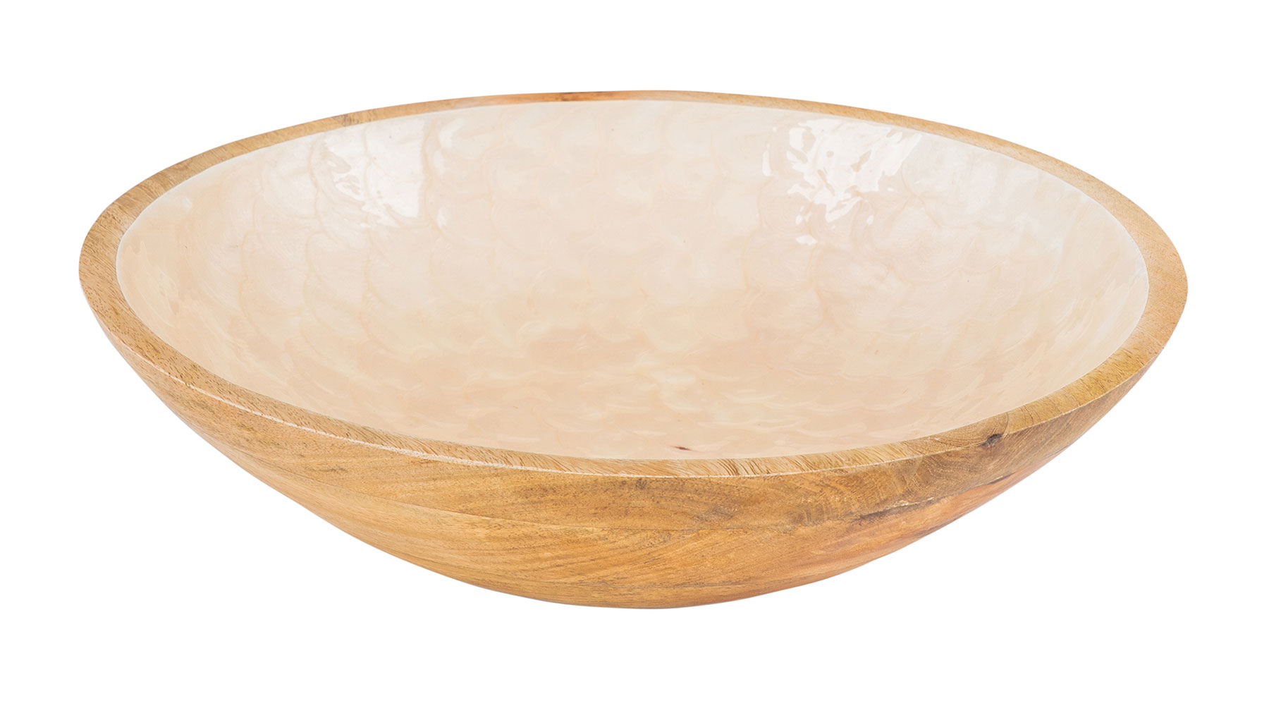 Schüssel 35cm Mango Holz Creme Perlmutt Emaille Schale Bowl Salatschüssel Deko