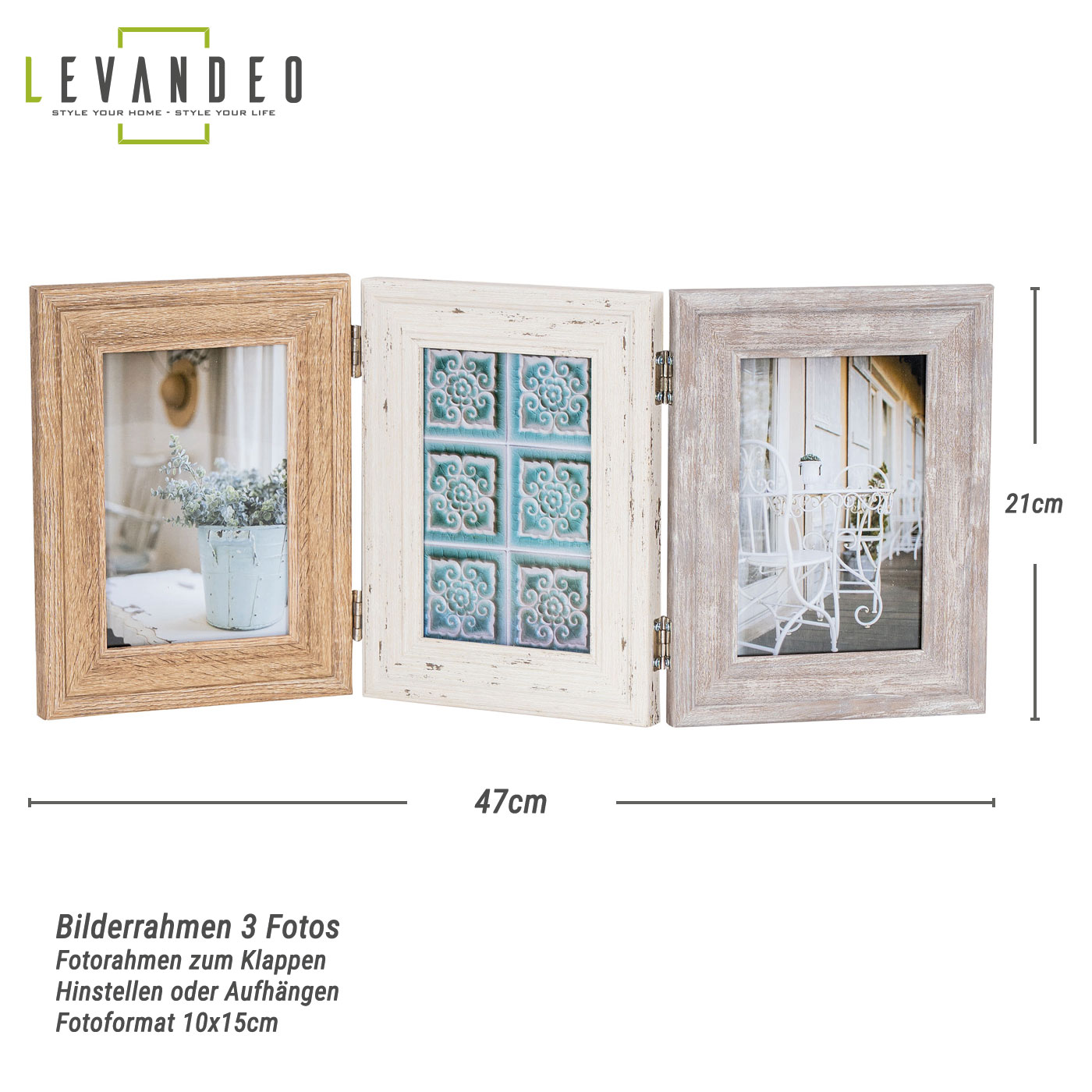 Fotoaufsteller 3 Fotos 10x15 MDF Holz Natur Shabby Chic Vintage Bilderrahmen