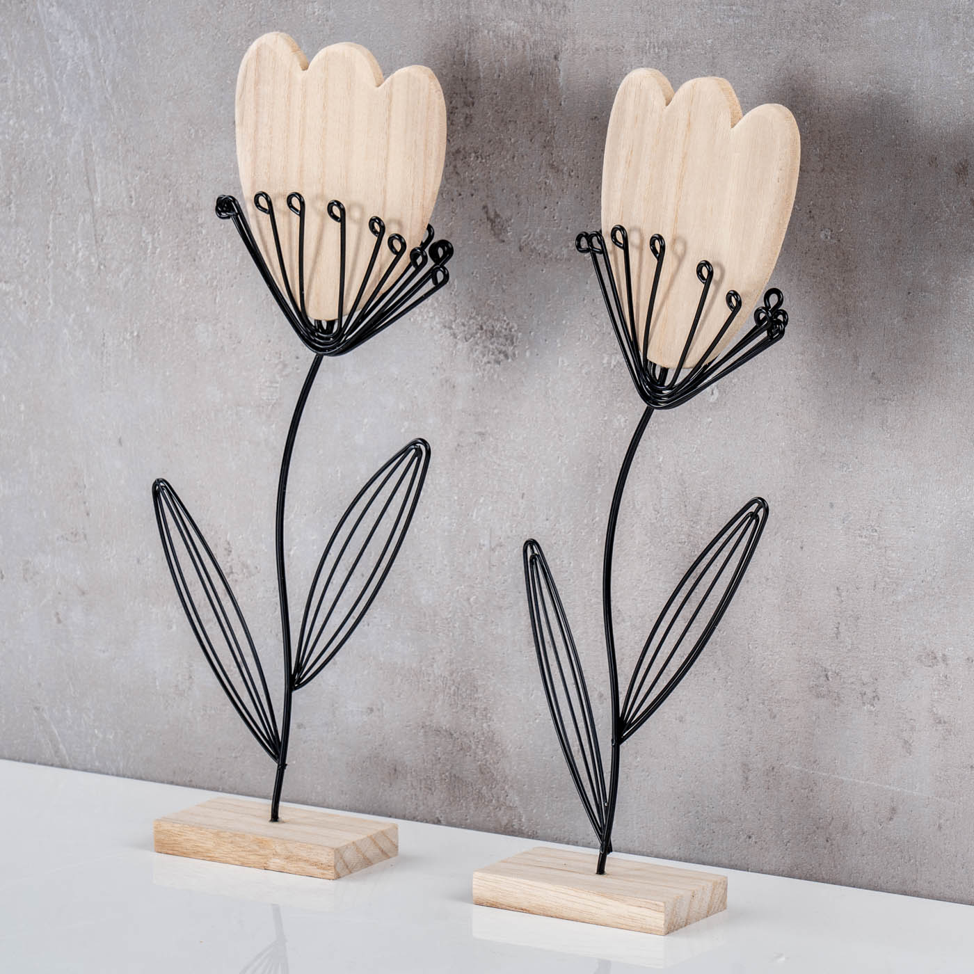 2er Set Deko Aufsteller Blume Metall Holz Schwarz Natur Draht Deko Tischdeko