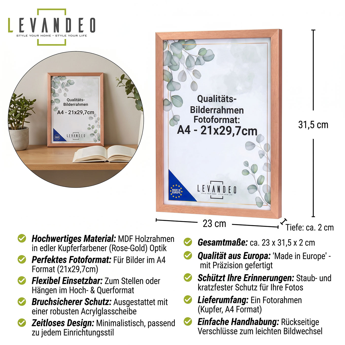 A4 Bilderrahmen Kupfer 21x29,7 Made in EU Fotorahmen Poster Urkunde Zeugnis Aufsteller