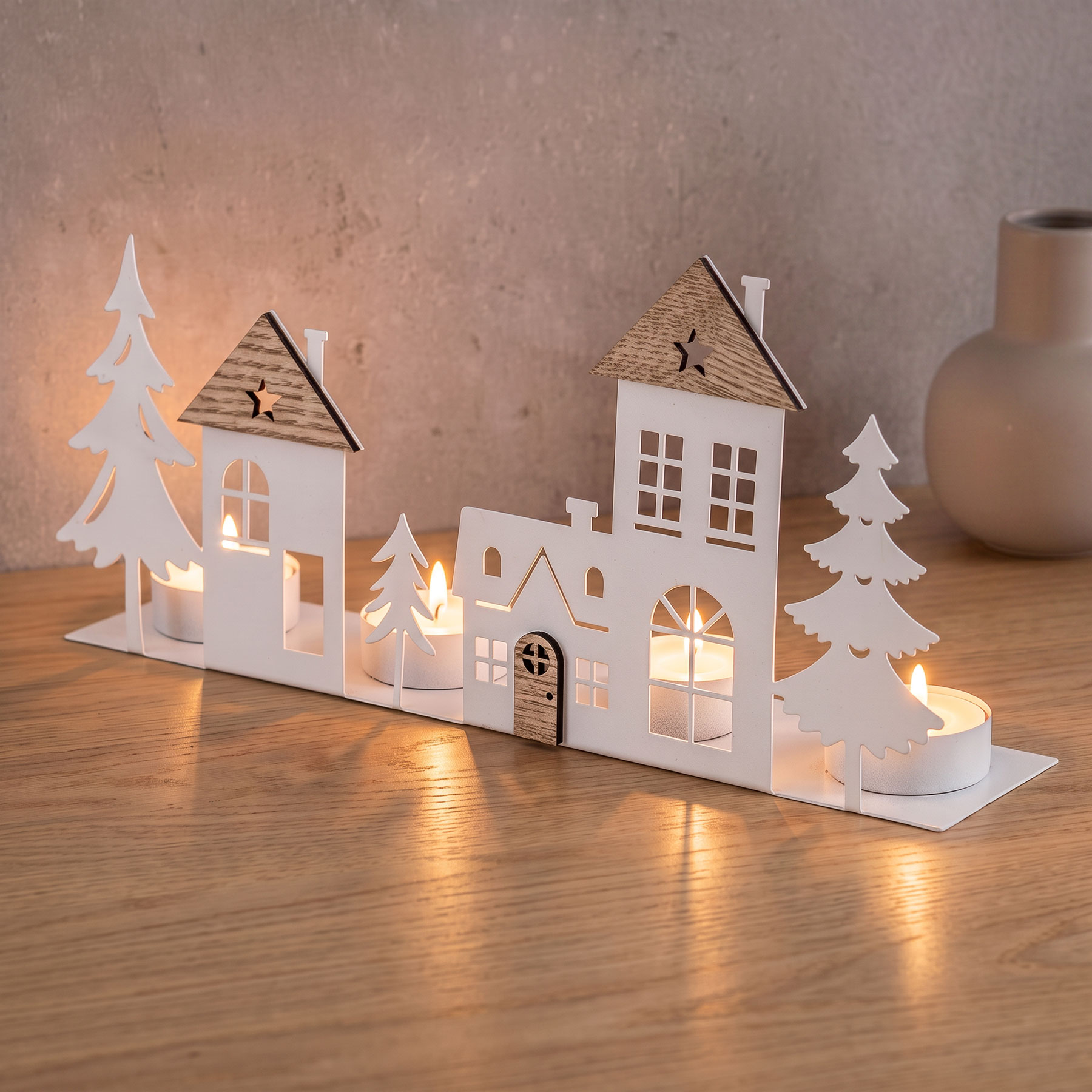 Teelichthalter Häuser Weiß 4 Kerzen MDF Holz Metall Weihnachtsdorf Advent Kerzen