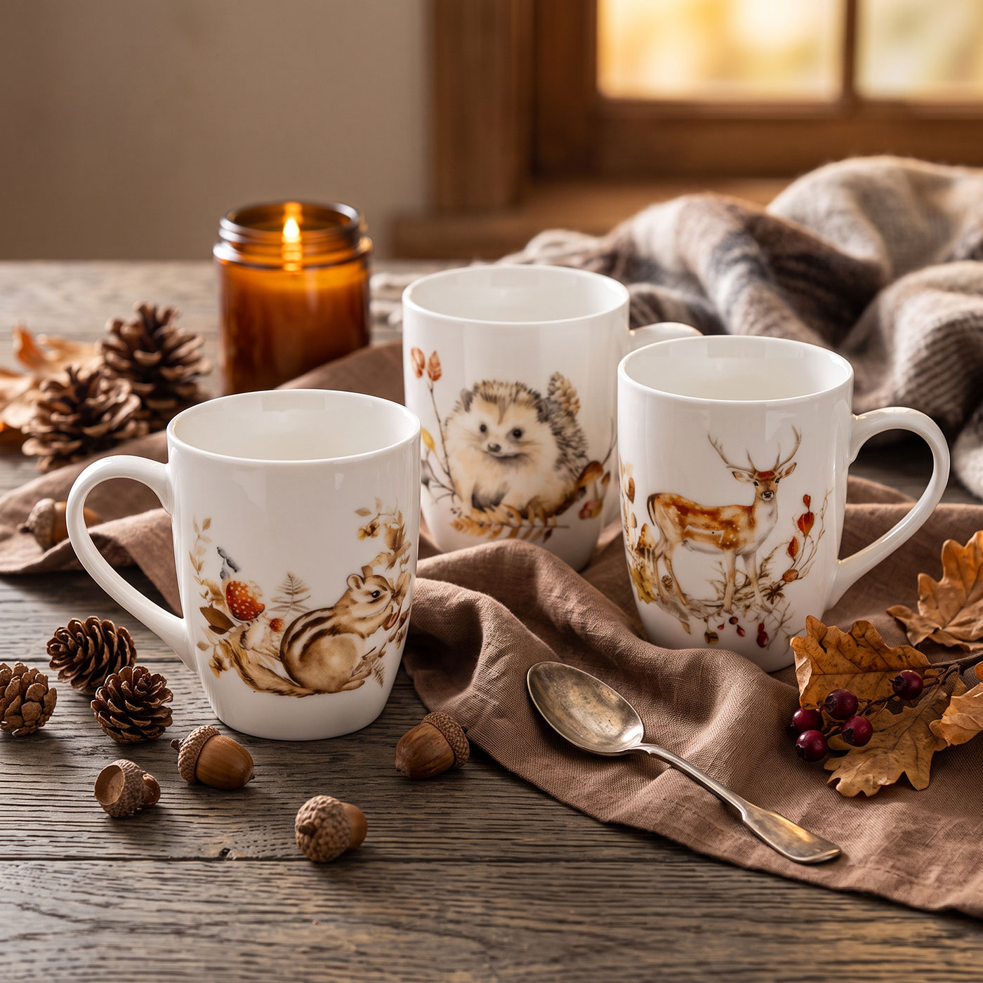 3er Set Kaffeetasse 340ml Porzellan Waldtiere Igel Hirsch Eichhörnchen Herbst
