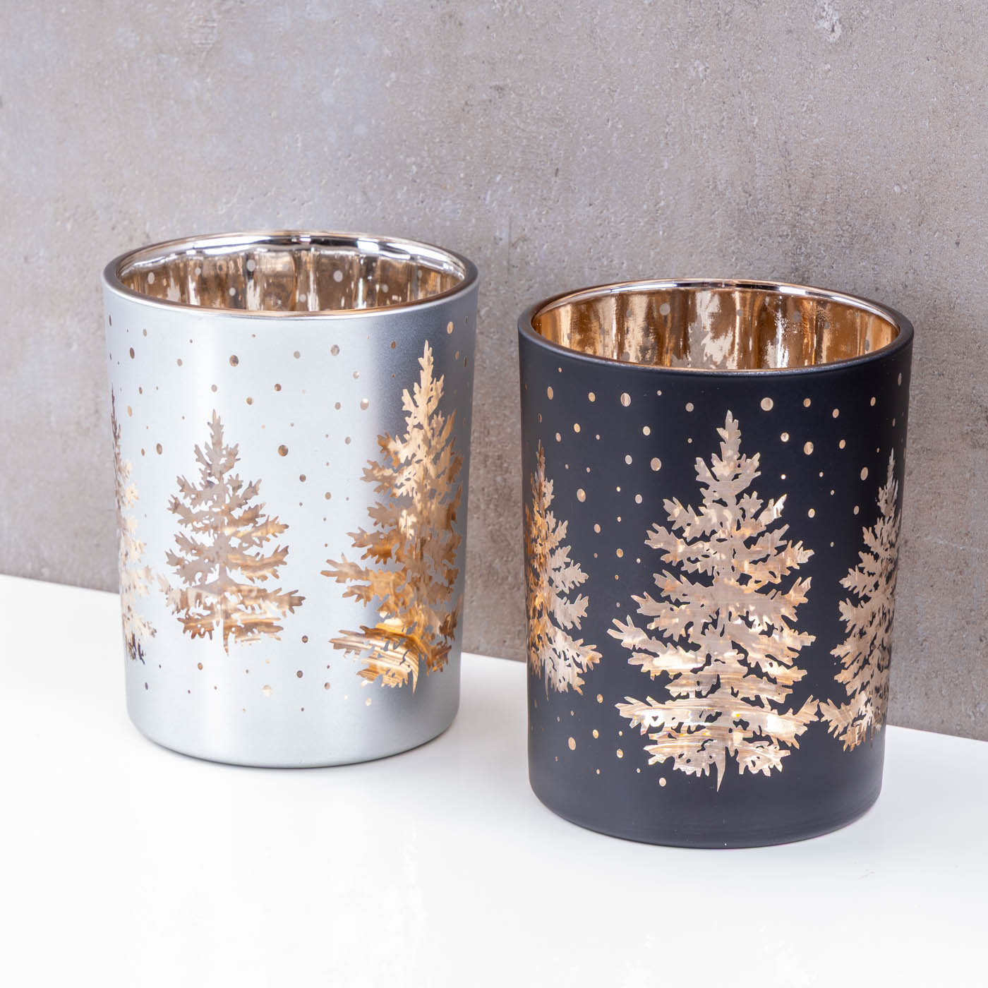 2er Set Windlicht Schwarz Gold Silber Tannenbaum Teelichthalter Weihnachten Deko
