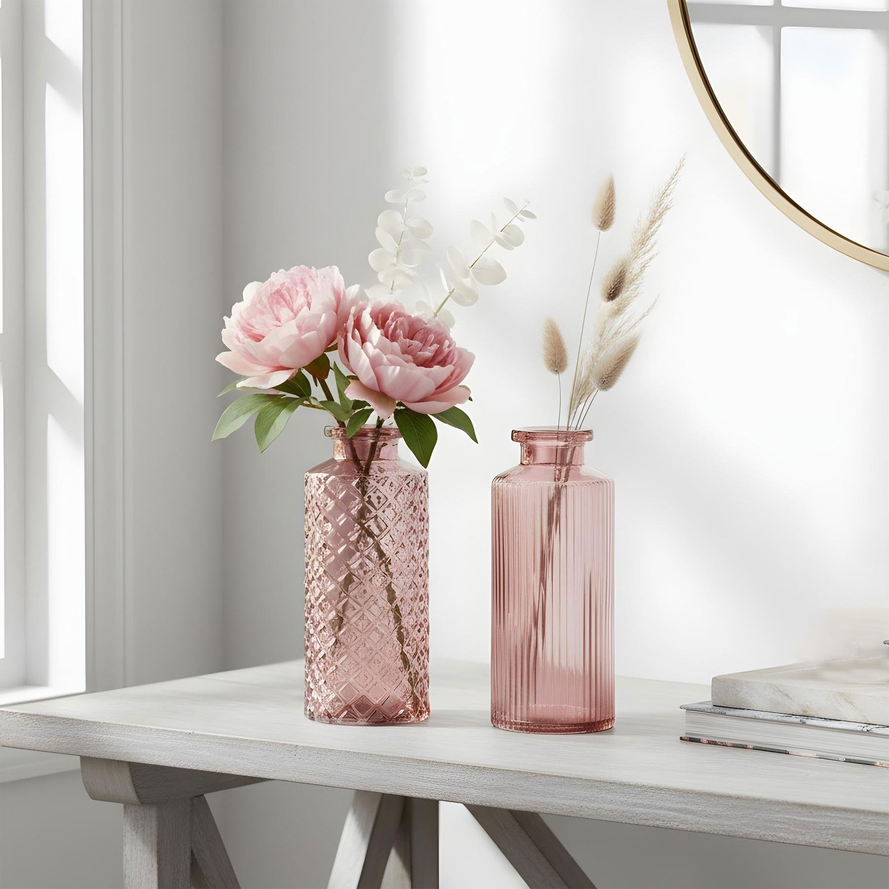 2er Set Vase H14cm Rosa Glas Blumenvase Tischdeko Frühling Blumendeko Glasvase