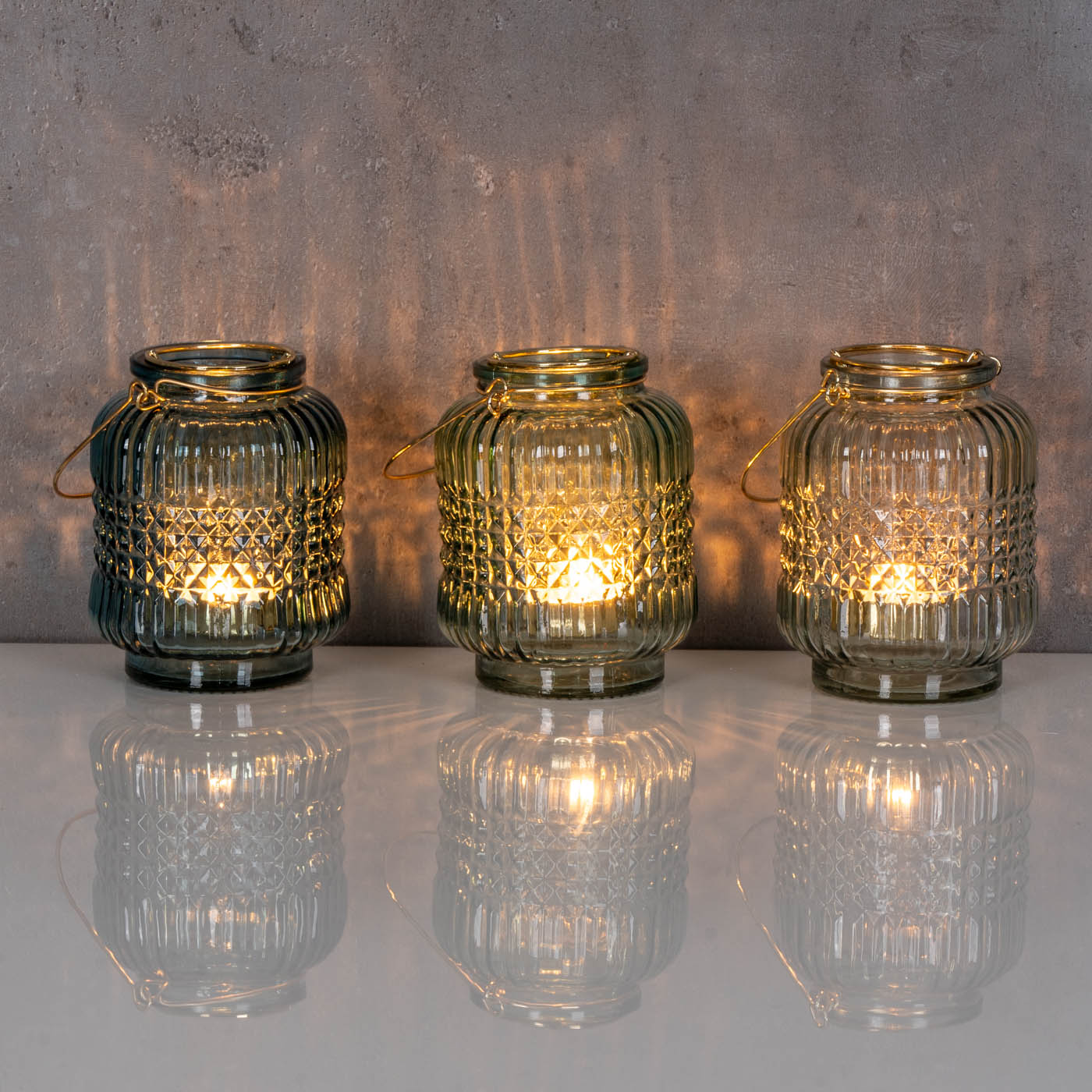 3er Set Glas Windlicht Türkis Gold H13cm Teelichthalter Kerzenhalter Tischdeko