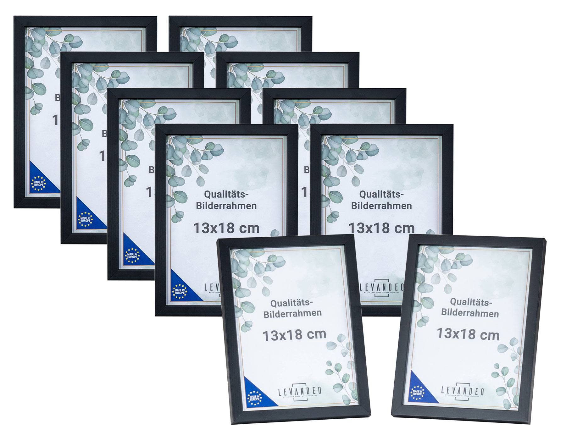 10er Set Bilderrahmen Echtholz Made in EU 13x18 Schwarz Glasscheibe Fotorahmen