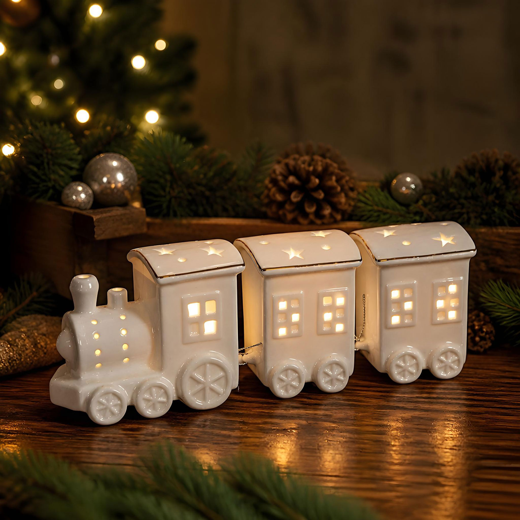 LED Weihnachtszug L25cm Porzellan Weiß Weihnachtsdeko Sterne Zug Lichtdeko