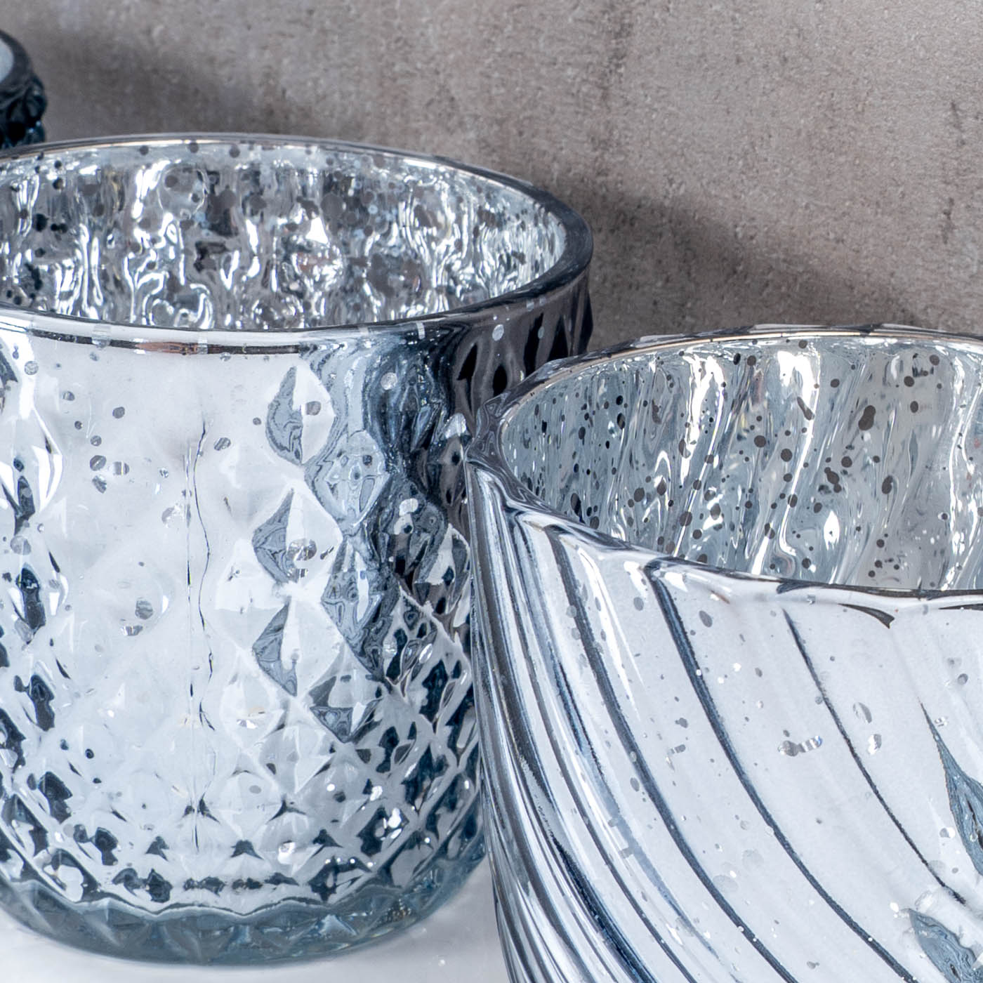 4er Set Windlicht H9cm Glas Silber Teelichthalter Tischdeko Kerzen Retro Deko