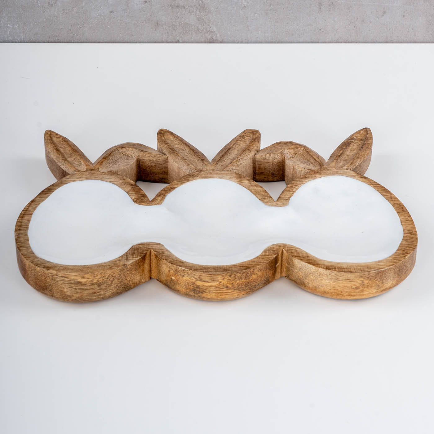 Deko Schale L26cm Ostereier Hasenohren Mangoholz Natur Weiß Osterdeko Tischdeko
