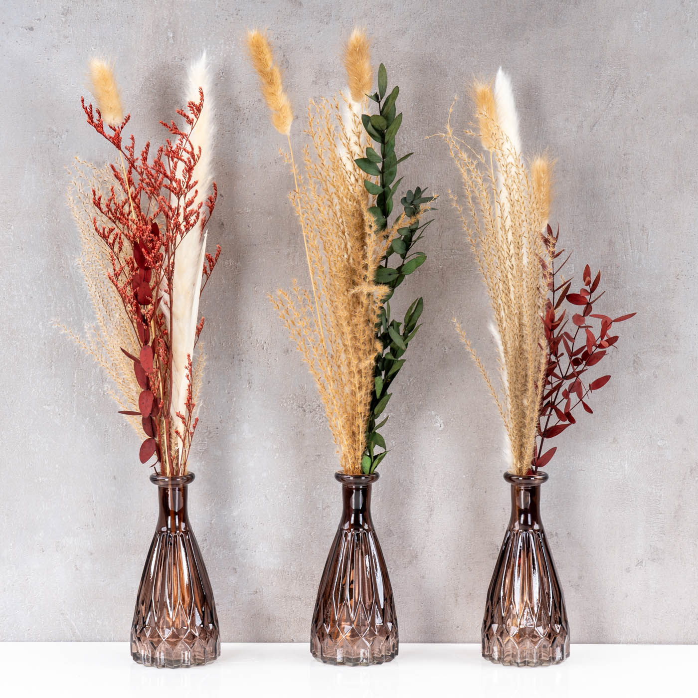 3er Set Vasen Glas H15cm Braun Blumenvase Tischdeko Glasvase Blumendeko Herbst