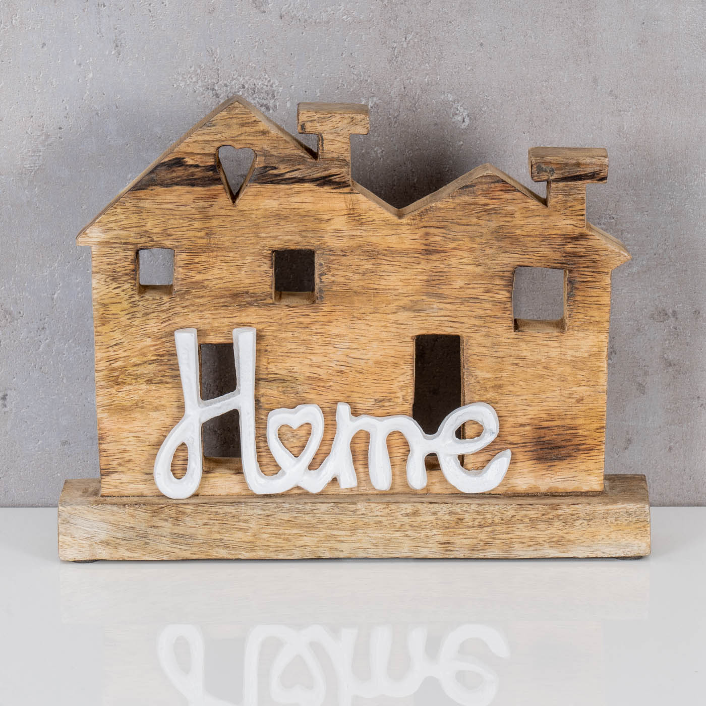 Aufsteller Haus H20cm Home Weiß Mango Metall Schriftzug Holz Deko Tischdeko