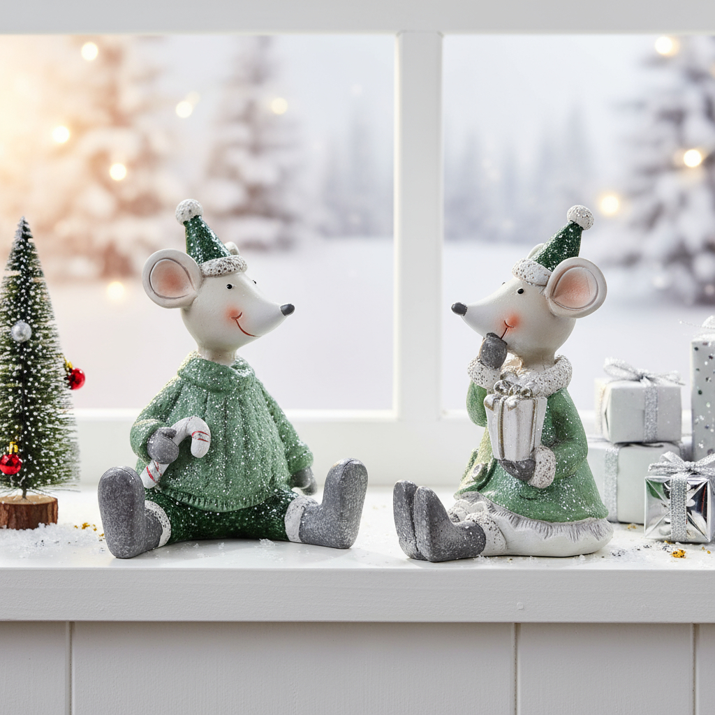 2er Set Mäuse Weihnachten Deko Kunstharz Grün Weiß Weihnachtsdeko Tischdeko