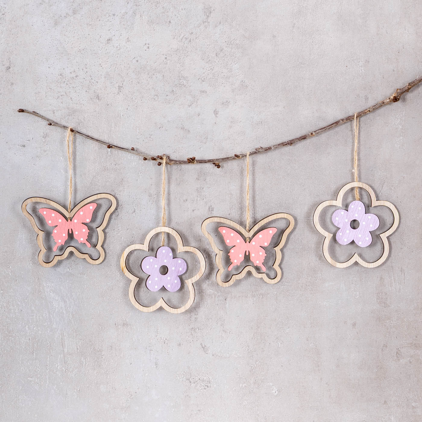 8er Set Holz Anhänger Schmetterling Blume Natur Rosa Lila Dekohänger Frühling