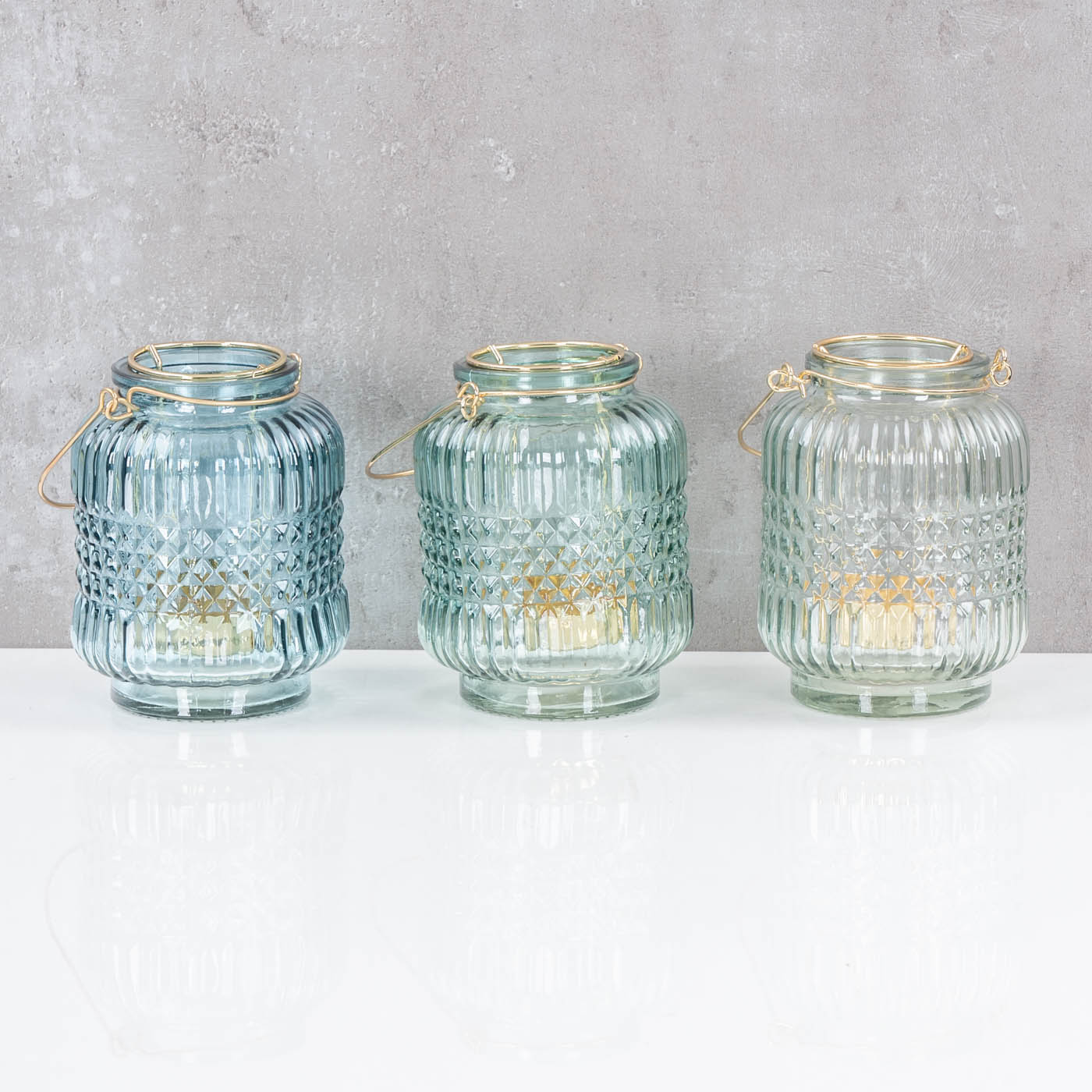 3er Set Glas Windlicht Türkis Gold H13cm Teelichthalter Kerzenhalter Tischdeko