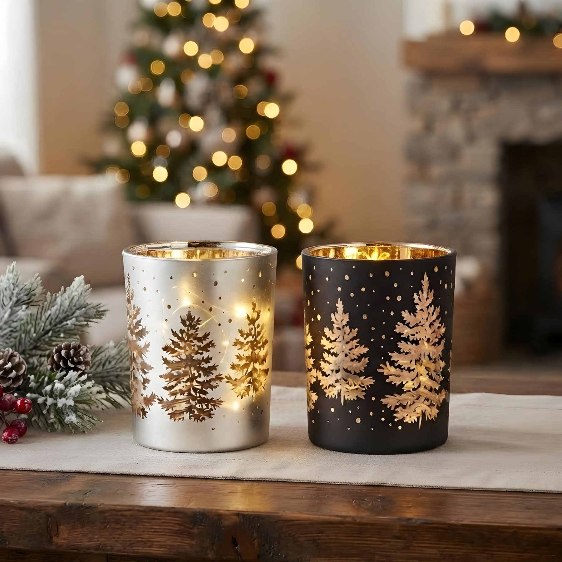 2er Set Windlicht Schwarz Gold Silber Tannenbaum Teelichthalter Weihnachten Deko