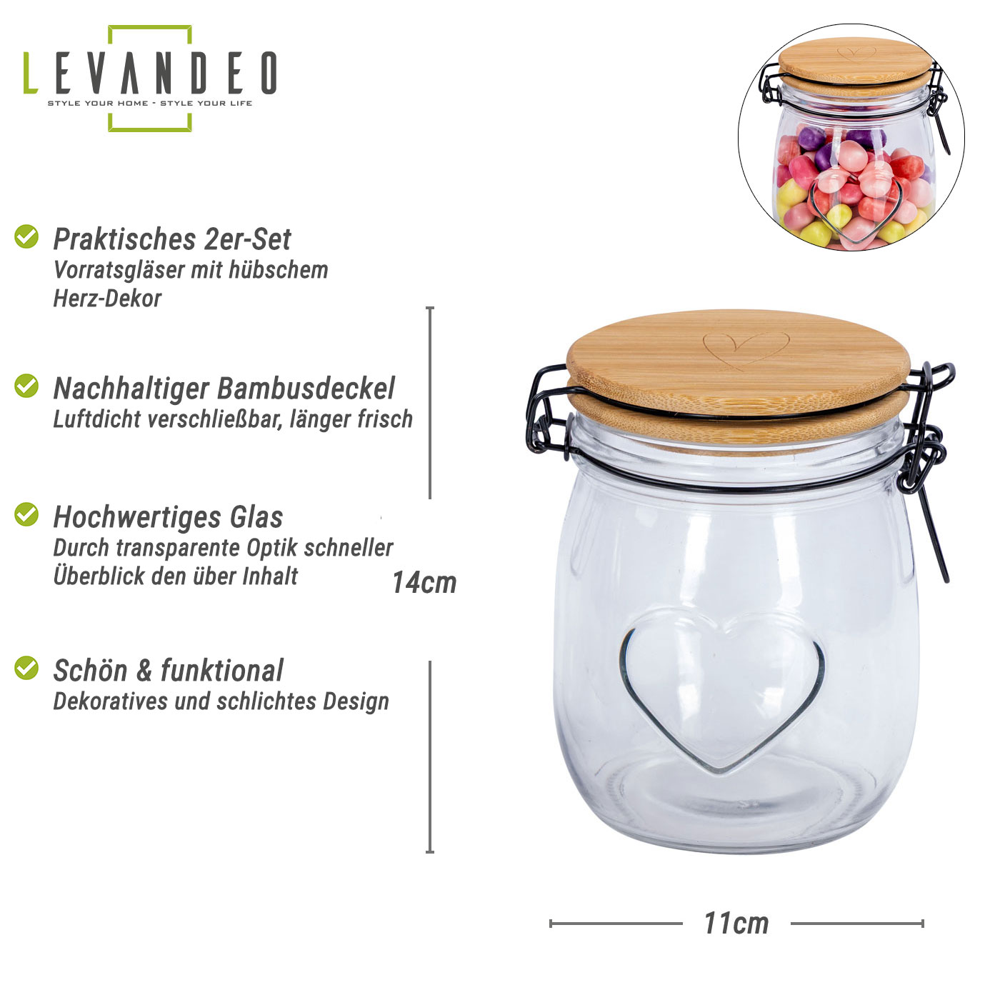 2er Set Vorratsgläser H14cm 700ml Herz Bambusdeckel Bonbonglas Küchenaccessoire