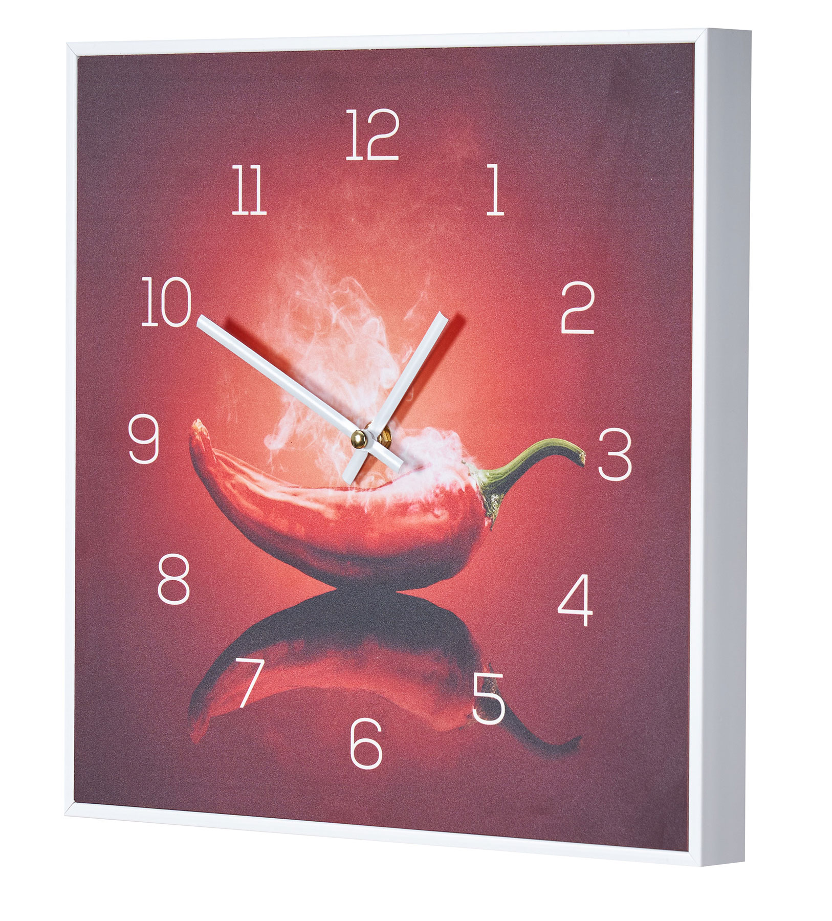 Wanduhr 30x30cm Uhr PVC Rahmen Weiß Küche Chili Peperoni Wandbild Wanddeko Deko