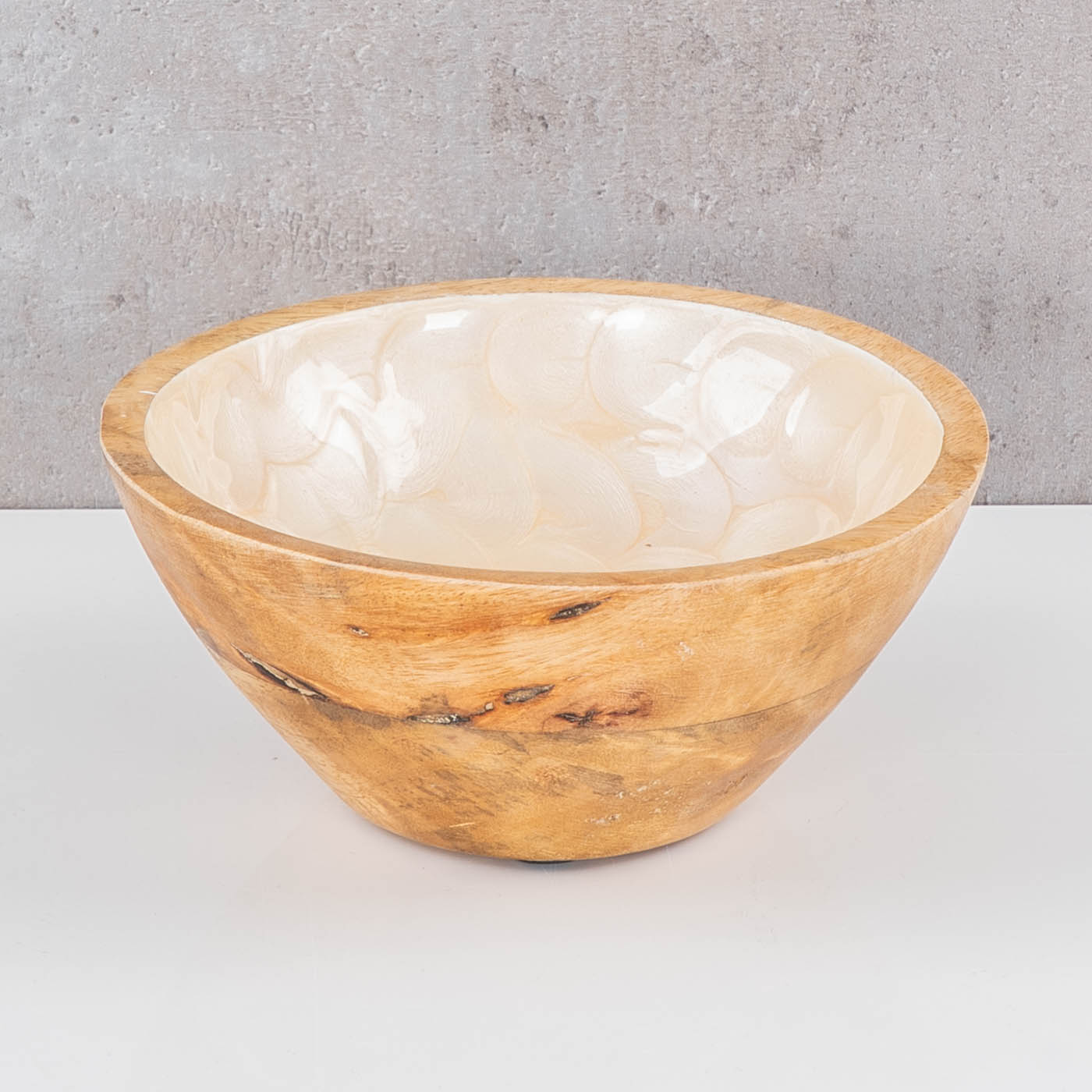 Schüssel 15cm Mango Holz Creme Perlmutt Emaille Schale Bowl Salatschüssel Deko