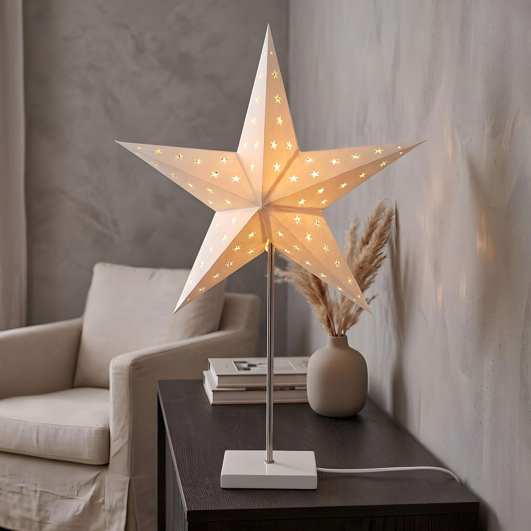 LED Leuchtstern Weiß H65cm mit Standfuß Weihnachtsstern Tischdeko Weihnachtsdeko
