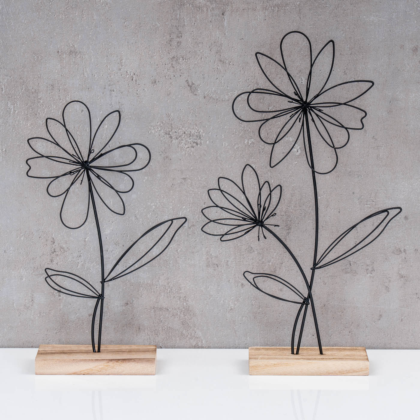 2er Set Deko Aufsteller Draht Blume Metall Holz Schwarz Natur Tischdeko Frühling